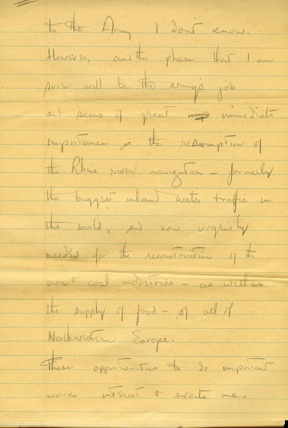 Handwritten Draft Memoir/Request Letter Page, U.S. Army Transportation Officer, CBI Theater, WWII, circa Spring 1945 - Rhine River Navigation and European Reconstruction