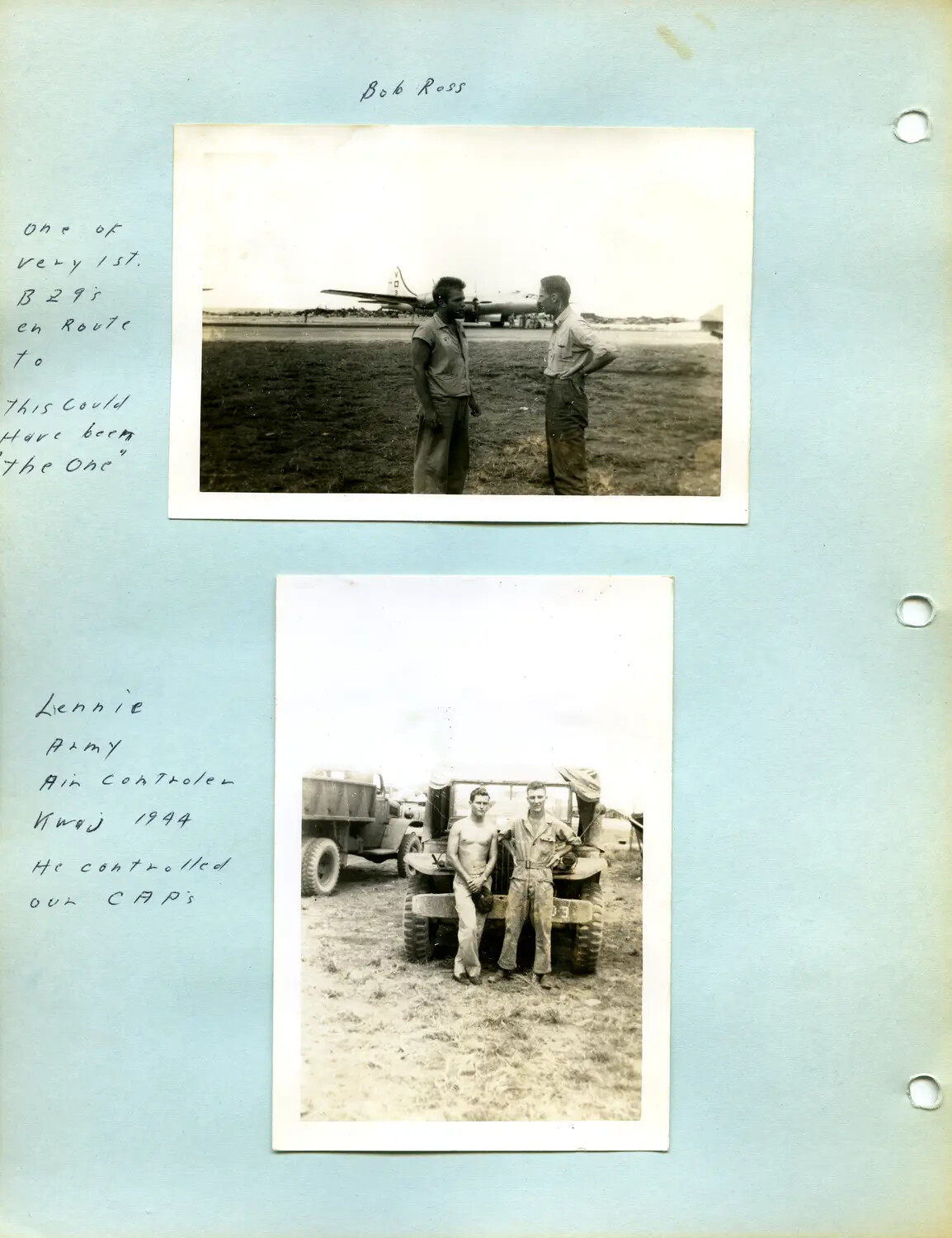 WWII Scrapbook Page: B-29 Bomber and Kwajalein Air Controller, 1944 (McAleer Collection)