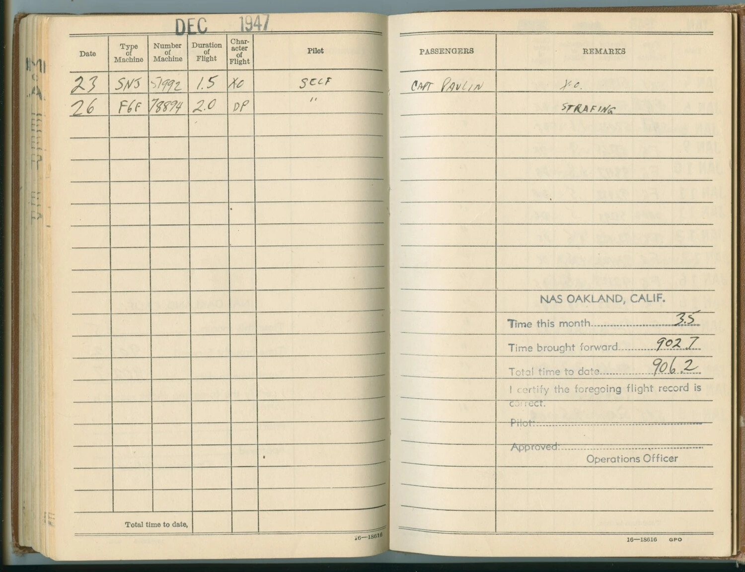 Pilot's Flight Log Book, December 1947 Entries - SNJ and F6F Hellcat Flights, NAS Oakland