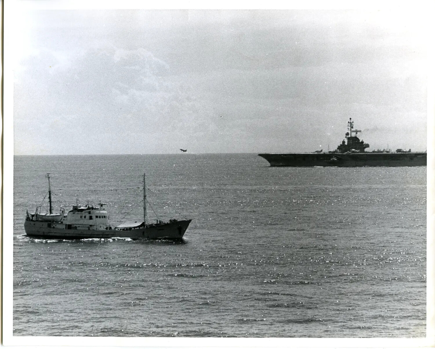 USS Ticonderoga Underway with Shadowing Trawler Vessel, Vietnam War Era