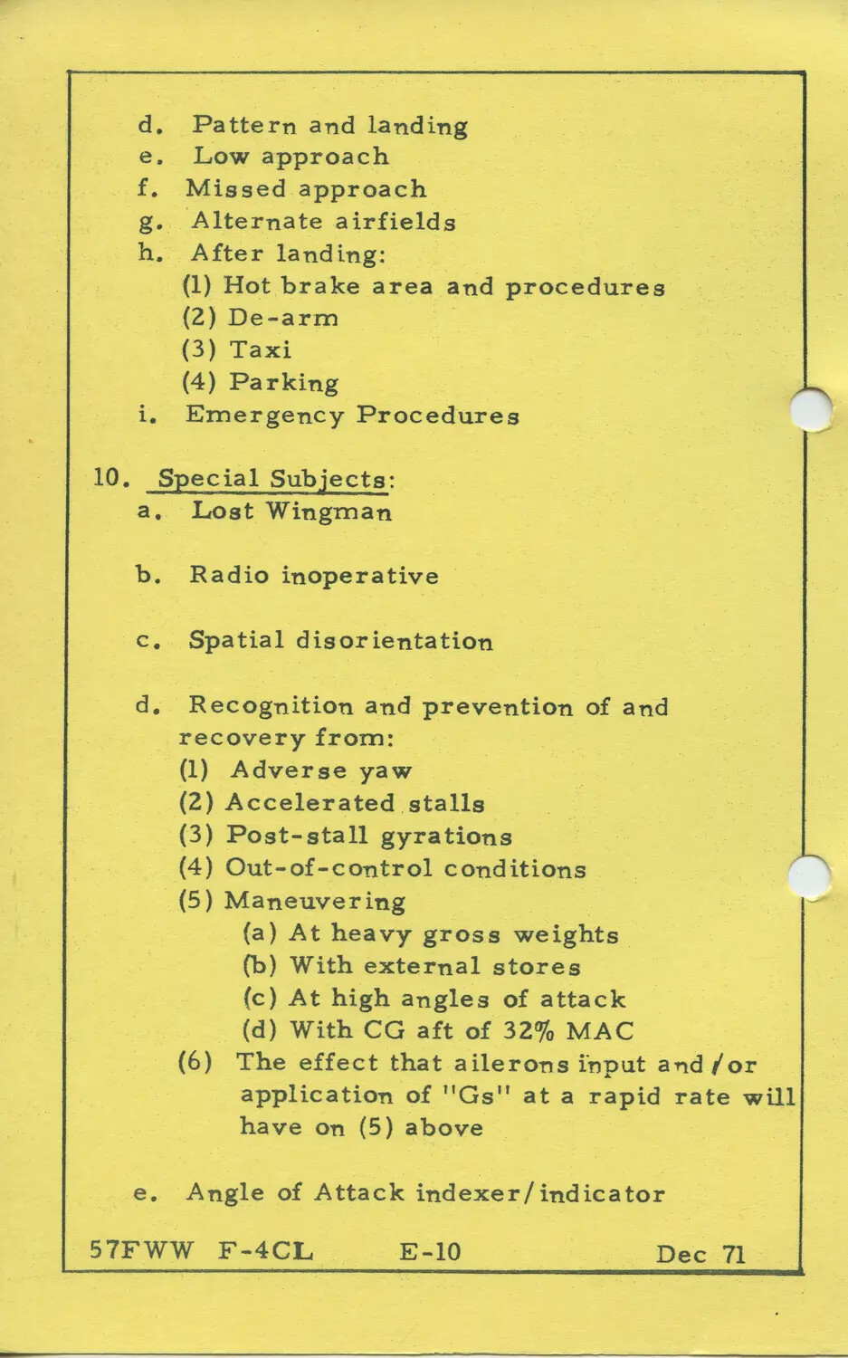 57th Fighter Weapons Wing F-4 Training Syllabus, Page E-10, December 1971