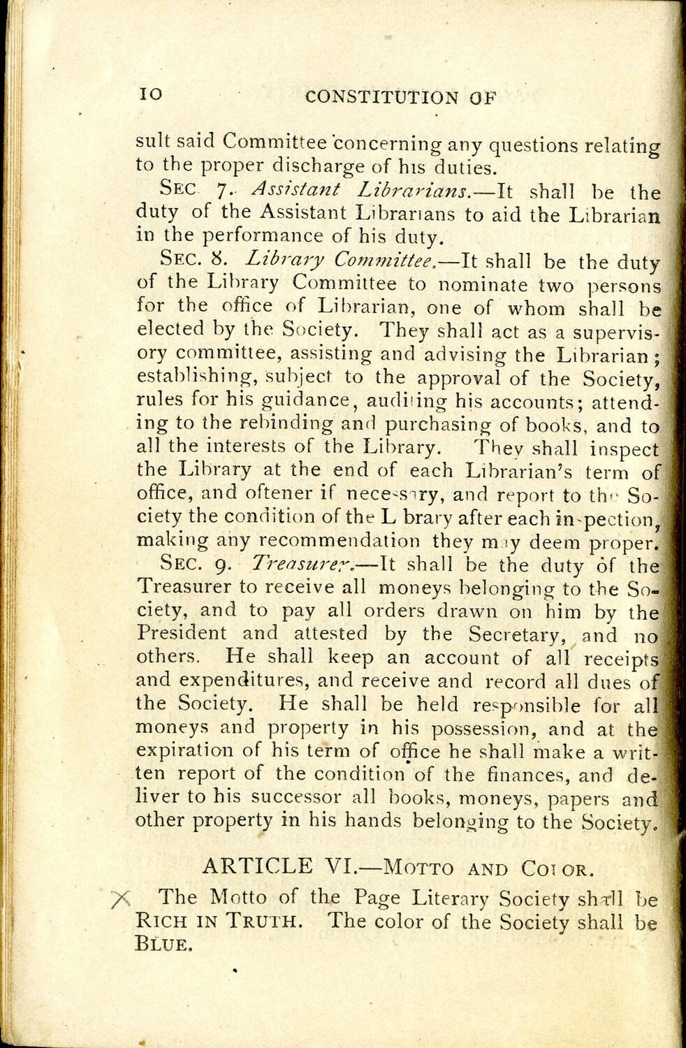 Page 10, Constitution of the Page Literary Society — Personal Papers of Pvt. Willis W. Wagener