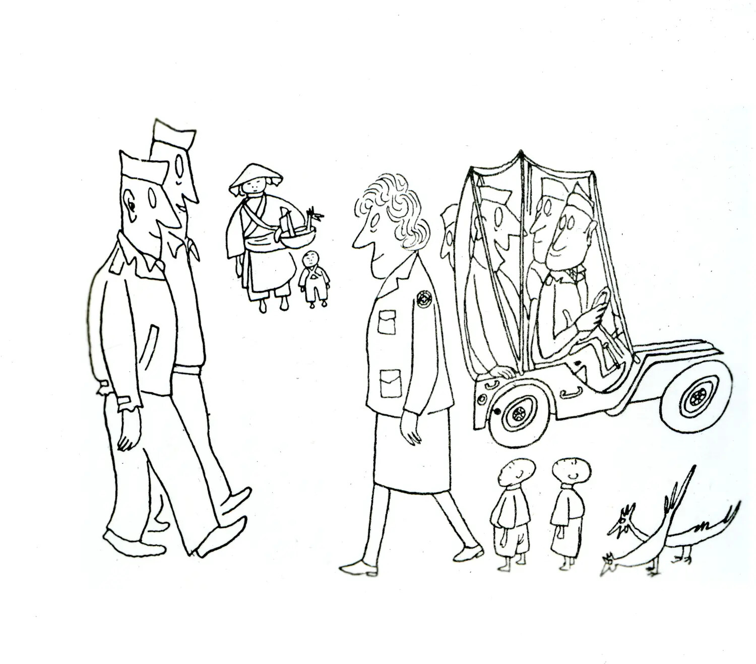 Pen-and-Ink Cartoon Depicting American Servicemen and Local Civilians, CBI Theater, World War II