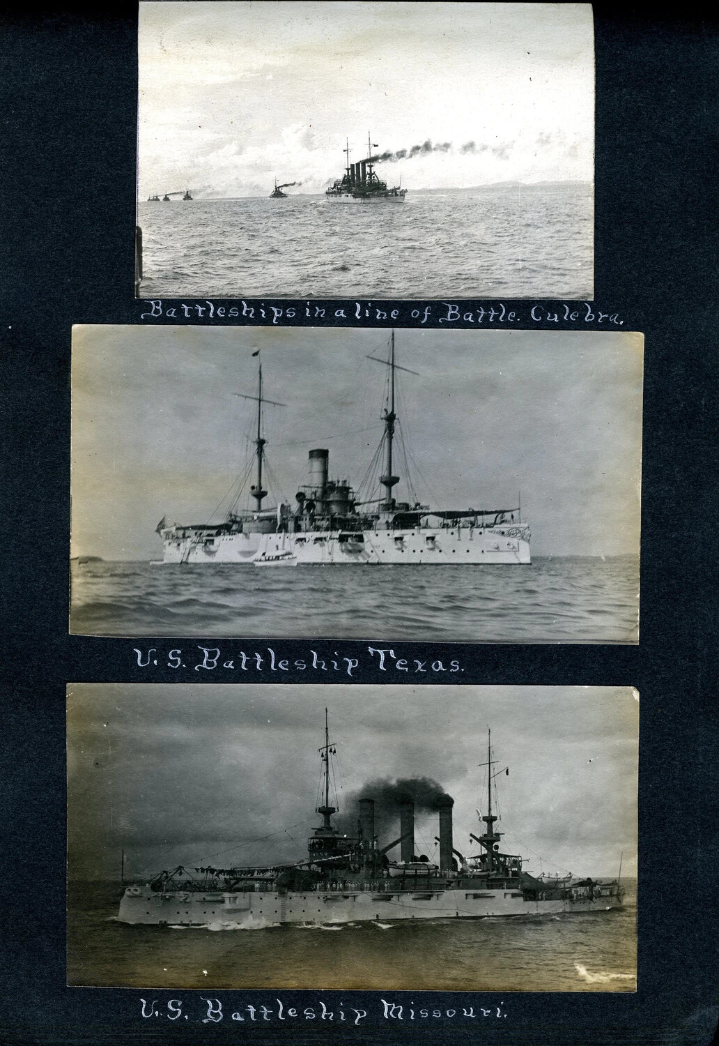 Album Page: U.S. Battle Fleet Exercises off Culebra, with USS Texas and USS Missouri, c. 1902-1907