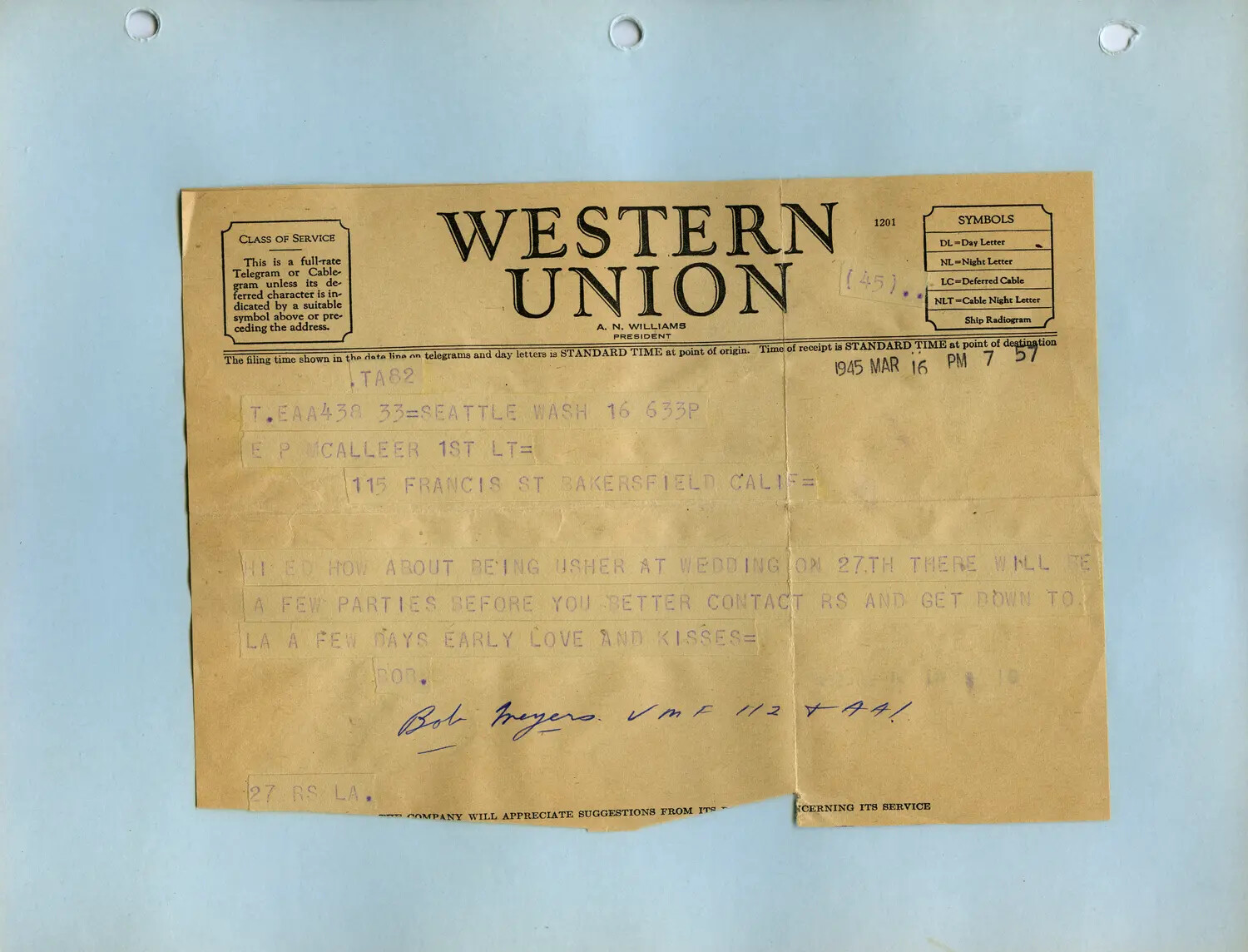 Western Union Telegram from Bob Meyers, VMF-112, to 1st Lt. Edward P. McAleer, March 16, 1945