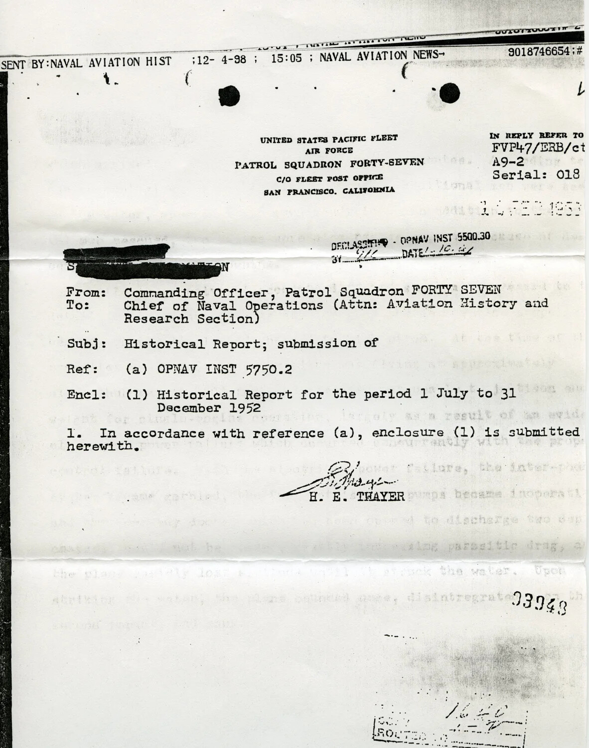 VP-47 Commanding Officer's Transmittal Letter for Historical Report, July-December 1952 (Korean War Era), Declassified
