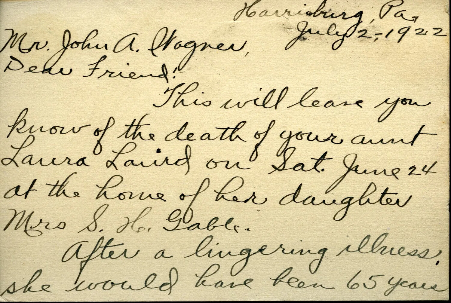 Handwritten Condolence Letter to John A. Wagner, Harrisburg, PA, July 2, 1922