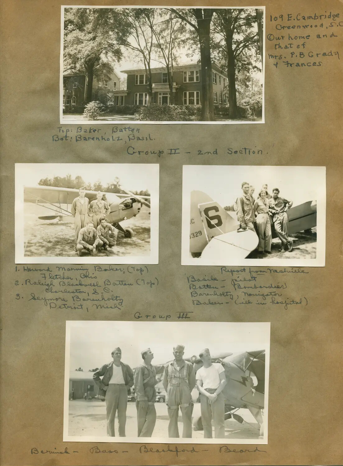Scrapbook Page: Cadet Billet Residence and Piper Cub Training Groups II–III, Greenwood, South Carolina, circa 1943
