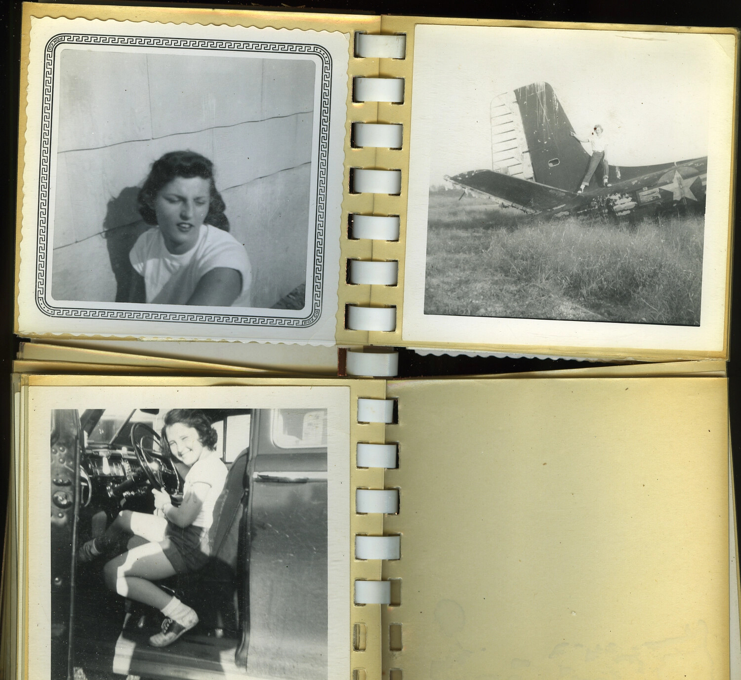 Personal Photo Album Page: Portrait Snapshots and Crashed/Salvaged Military Aircraft Tail Section — WWII-Era WAF Collection