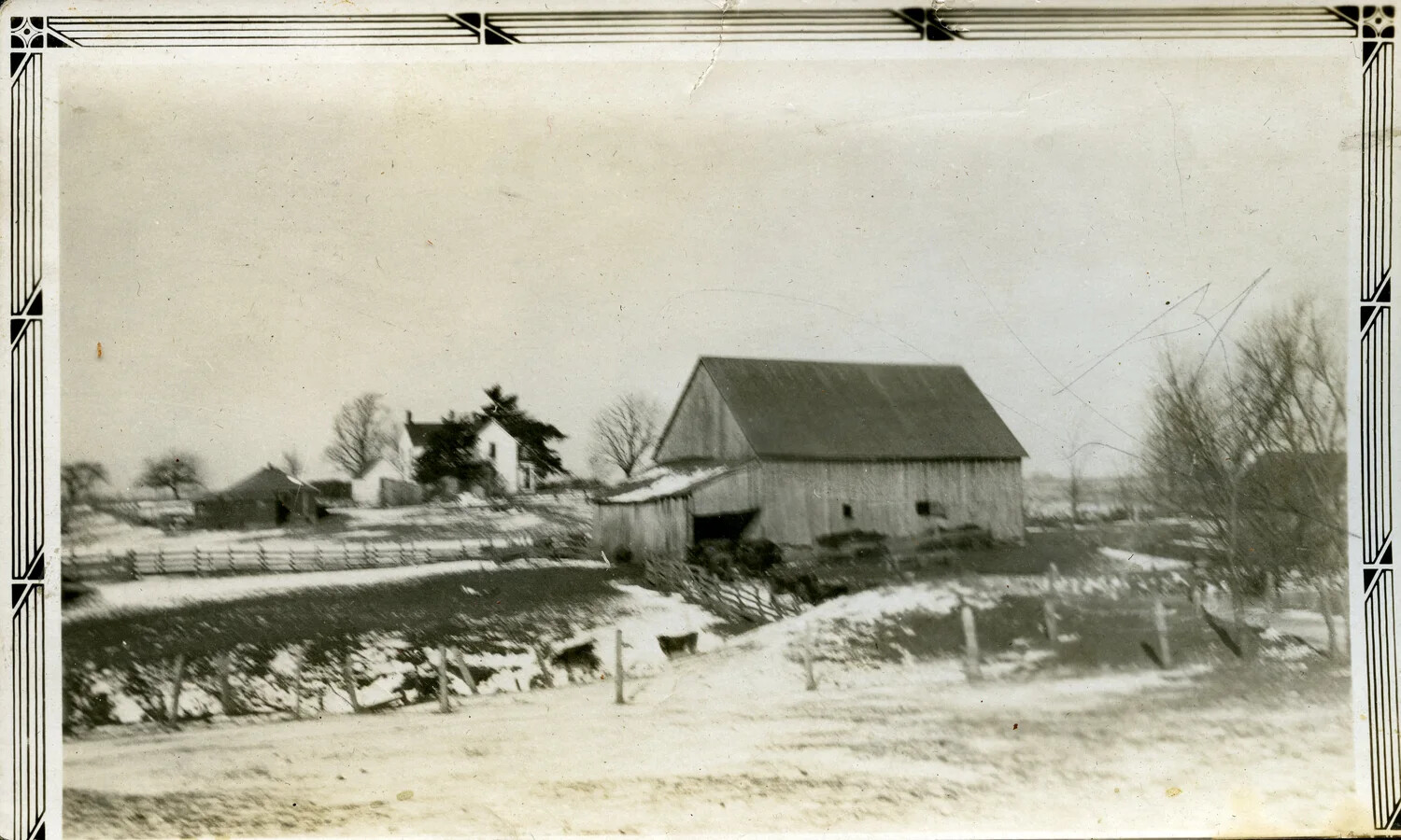 Snow-Covered Barn and Farmhouse, American Farmstead in Winter