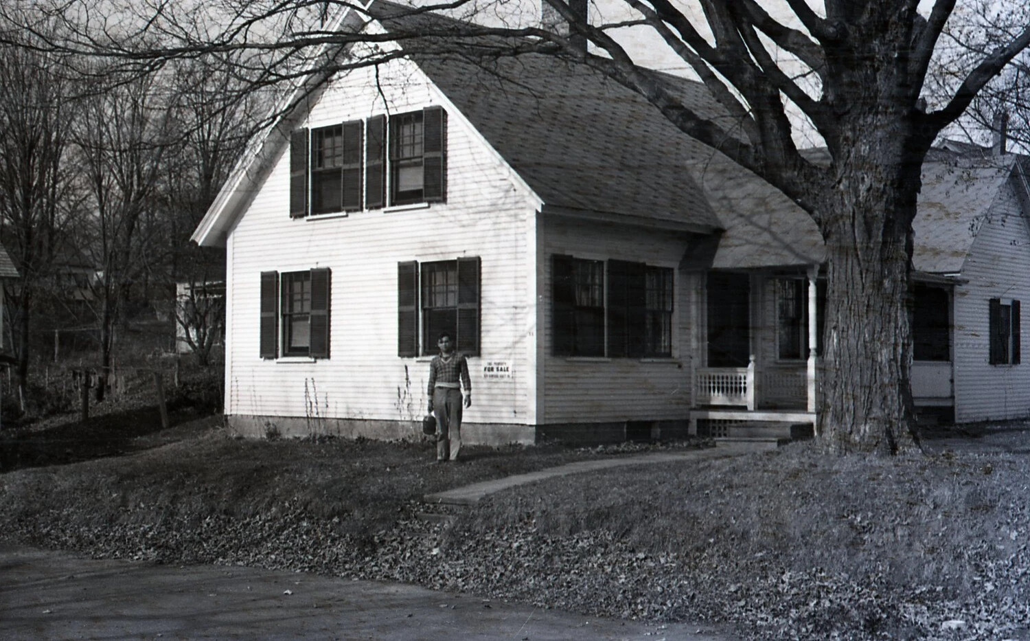 Cape Cod House with 'For Sale' Sign, Man in Foreground, c. 1940s-50s