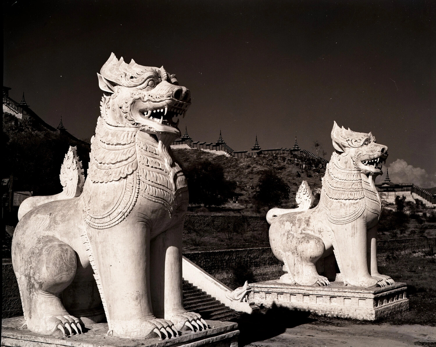 Guardian Chinthe Statues at the Base of Mandalay Hill Stairway, Burma, WWII Era