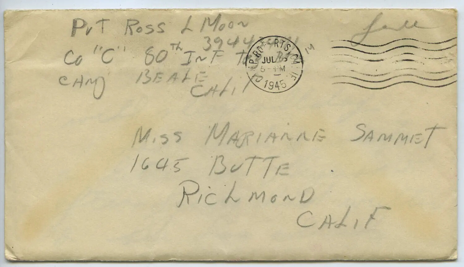 WWII Envelope, Pvt. Ross L. Moon (Camp Beale, CA) to Miss Marianne Sammiet, Richmond, CA, July 1945