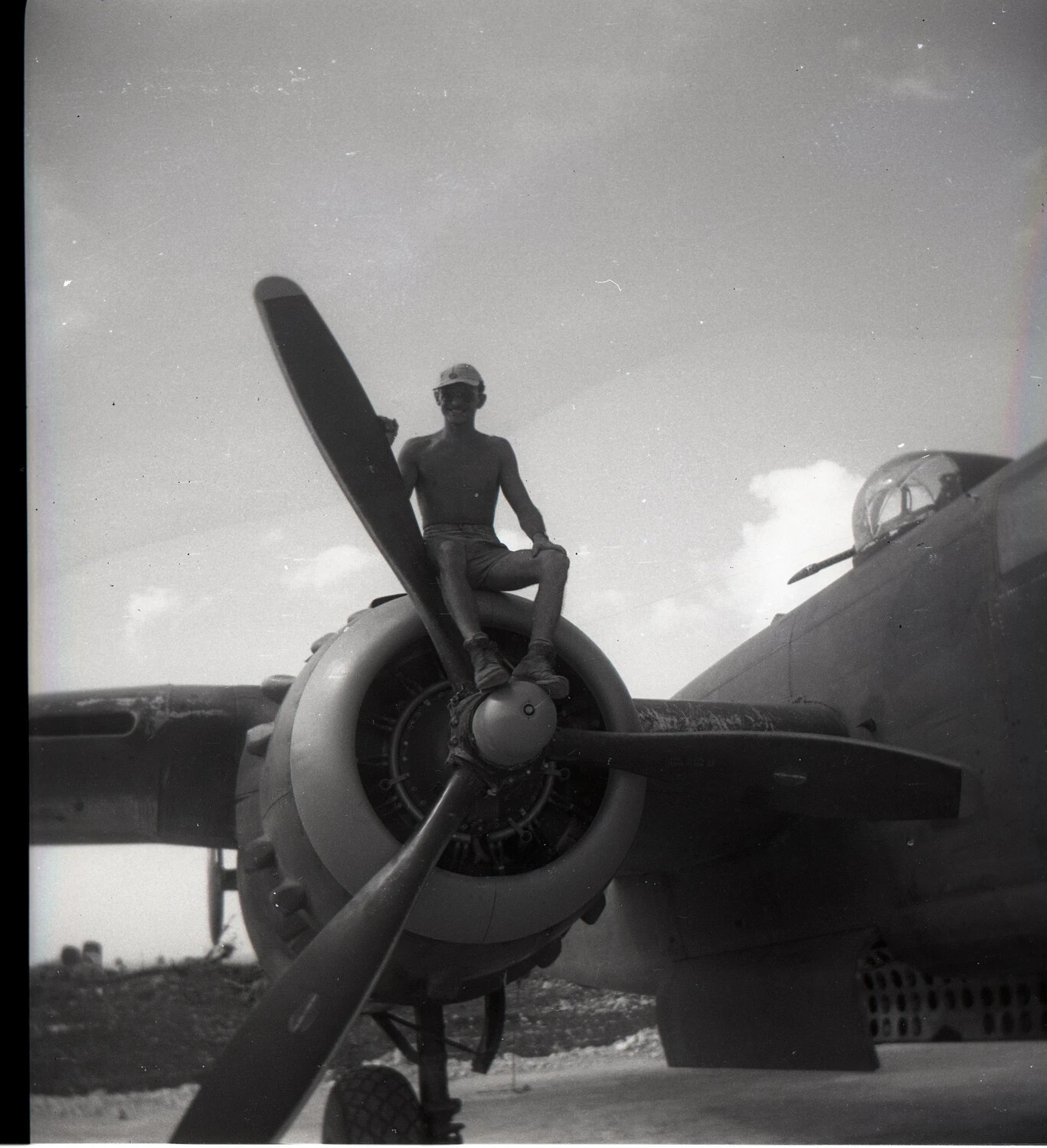 Airman Posing Atop B-25 Mitchell Engine Cowling, Ie Shima