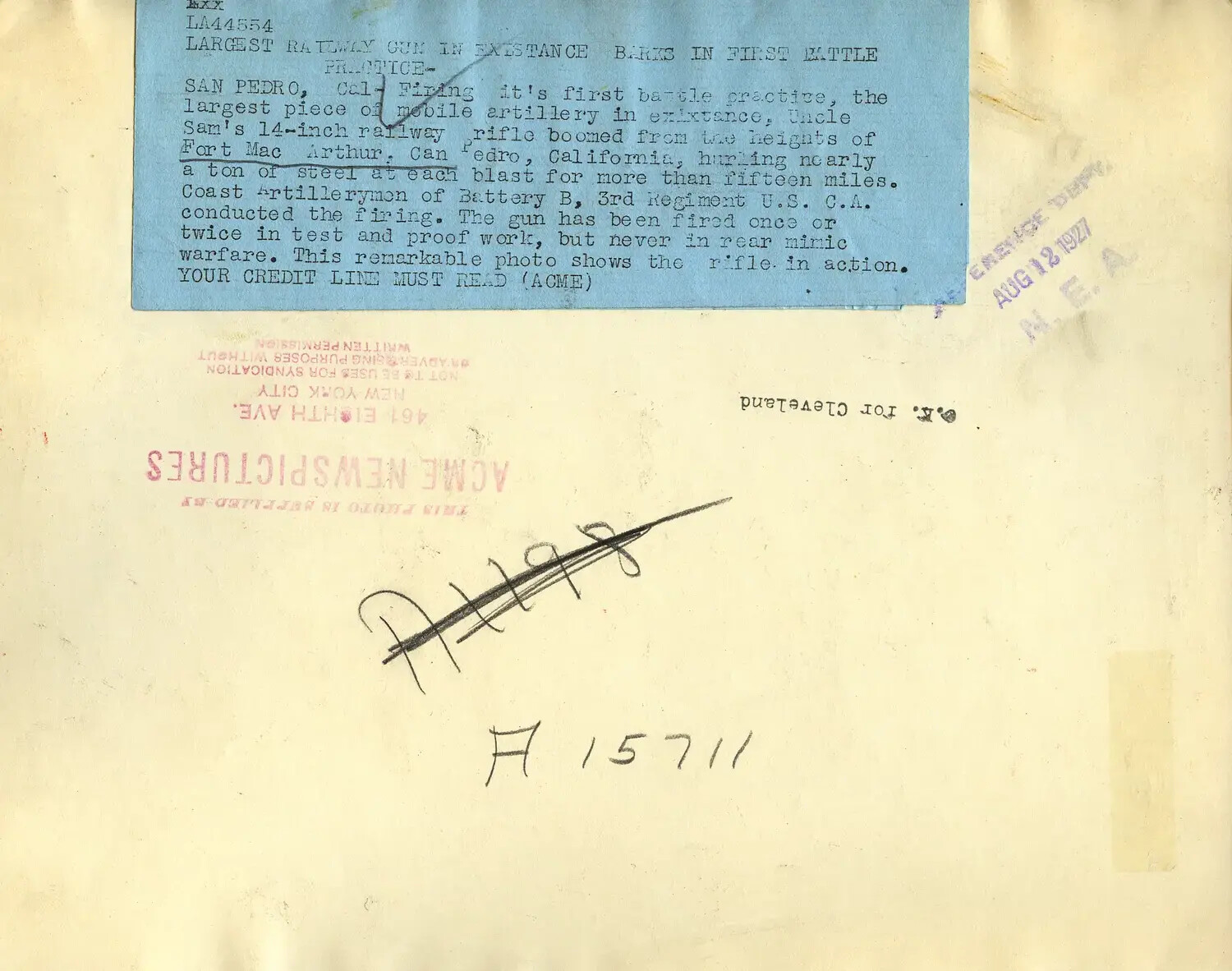 Verso/Wire Caption for Fort MacArthur 14-Inch Railway Gun Photograph, 1927