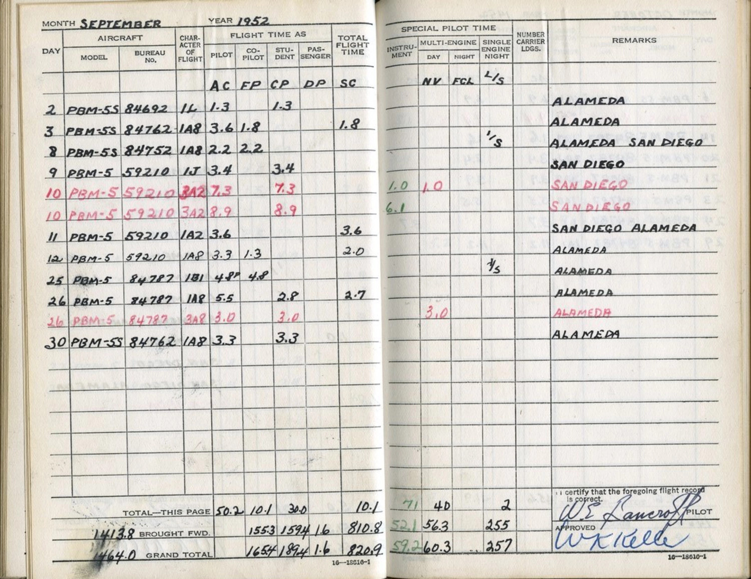 Lt. W.E. Bancroft's U.S. Navy Flight Logbook, September 1952 — PBM Mariner Flying Boat Operations