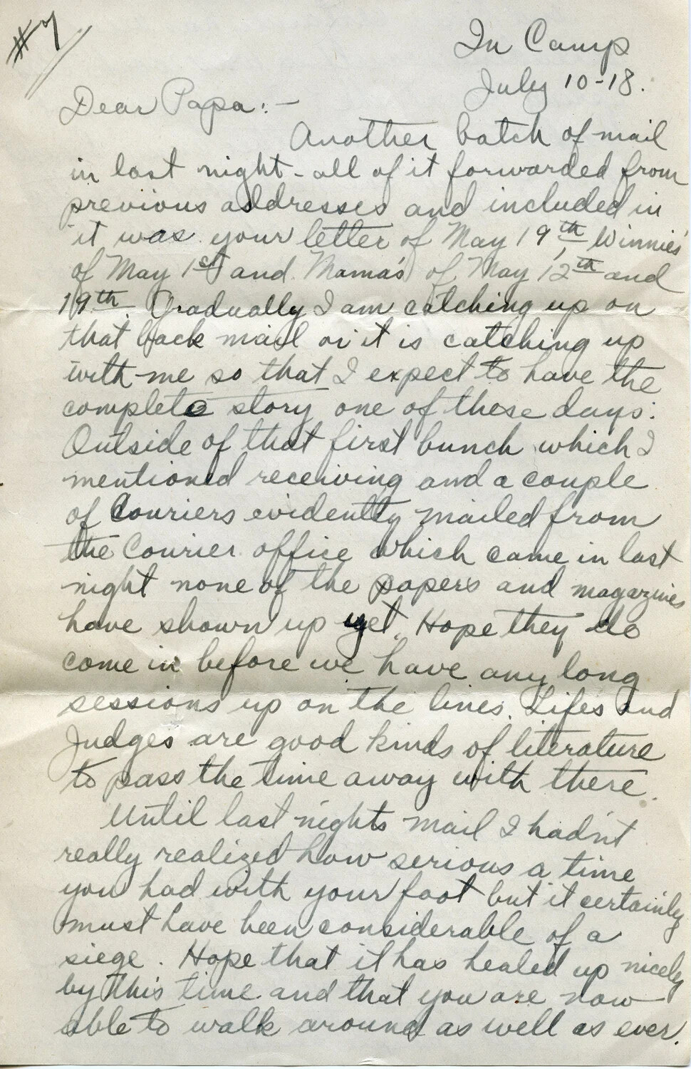 WWI Letter from Pvt. Willis W. Wagener to His Father, 'In Camp,' July 10, 1918 (Letter #7, Page 1)