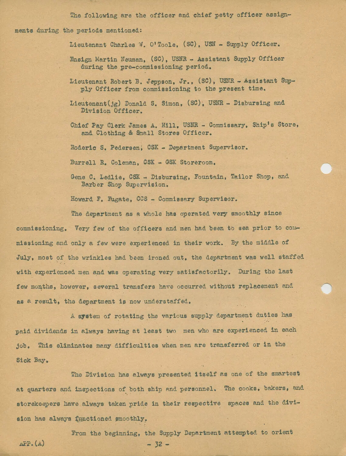 USS Petrof Bay (CVE-80) War History Narrative, Appendix A, Page 32 - Supply Department Personnel and Performance