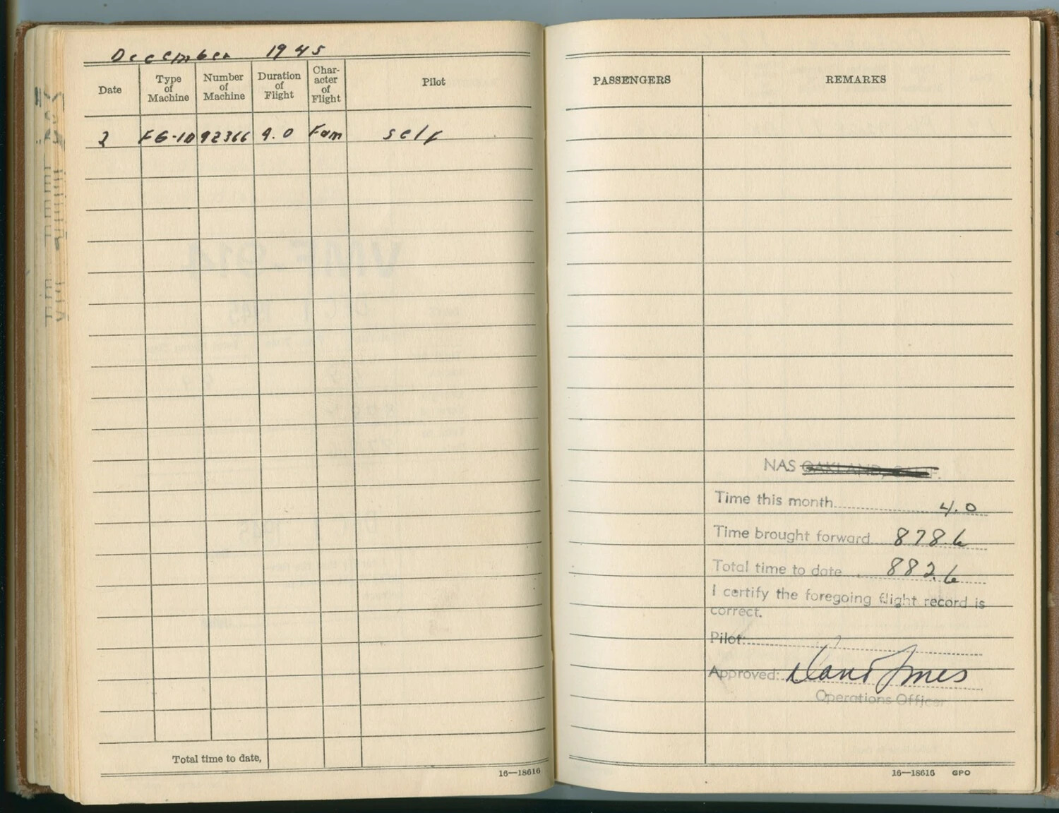 U.S. Navy Pilot's Flight Log Book, December 1945 Entry -- FG-1D Corsair Flight, Pat McAleer Collection