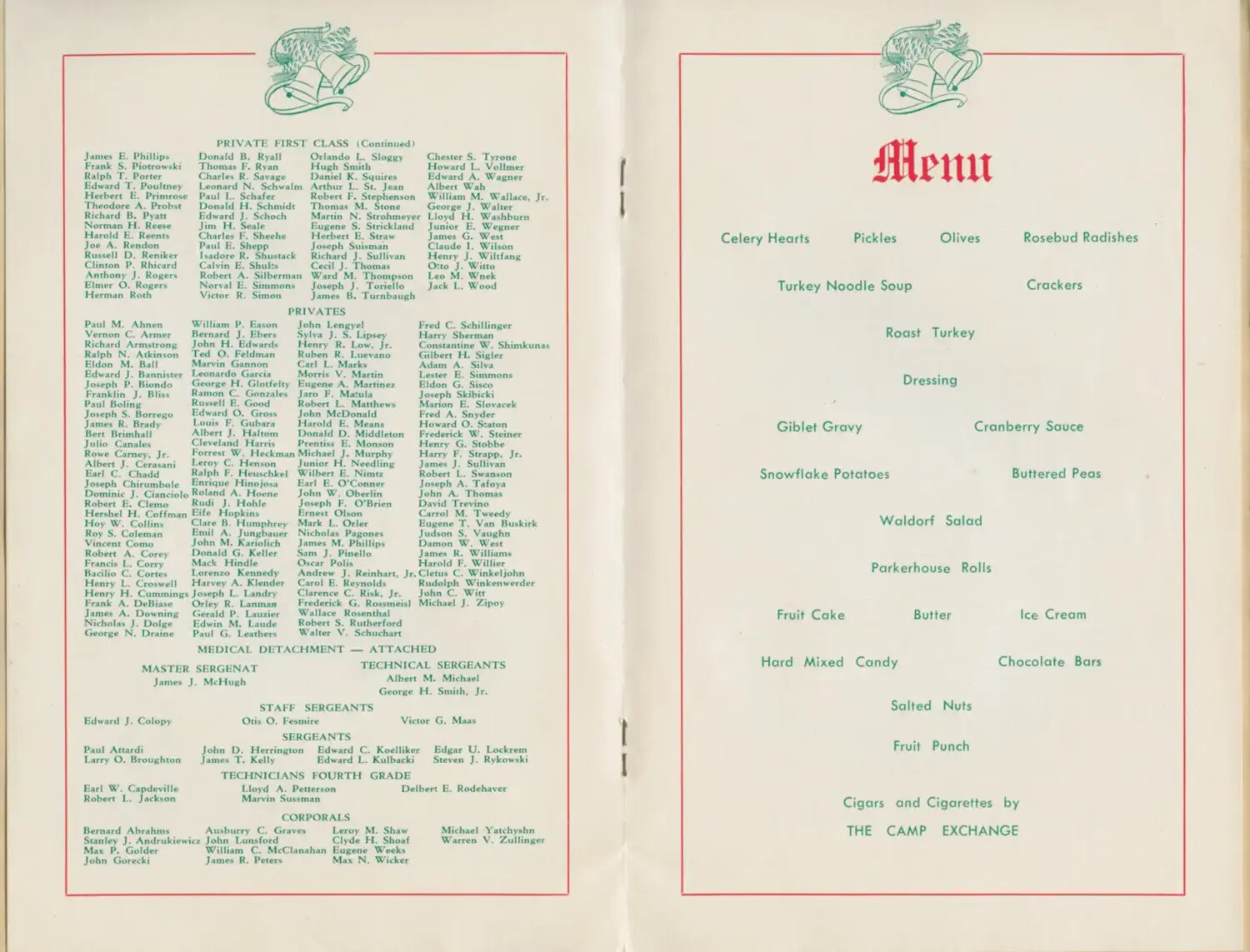 WWII Unit Christmas Dinner Program: Enlisted Roster and Menu, 1943