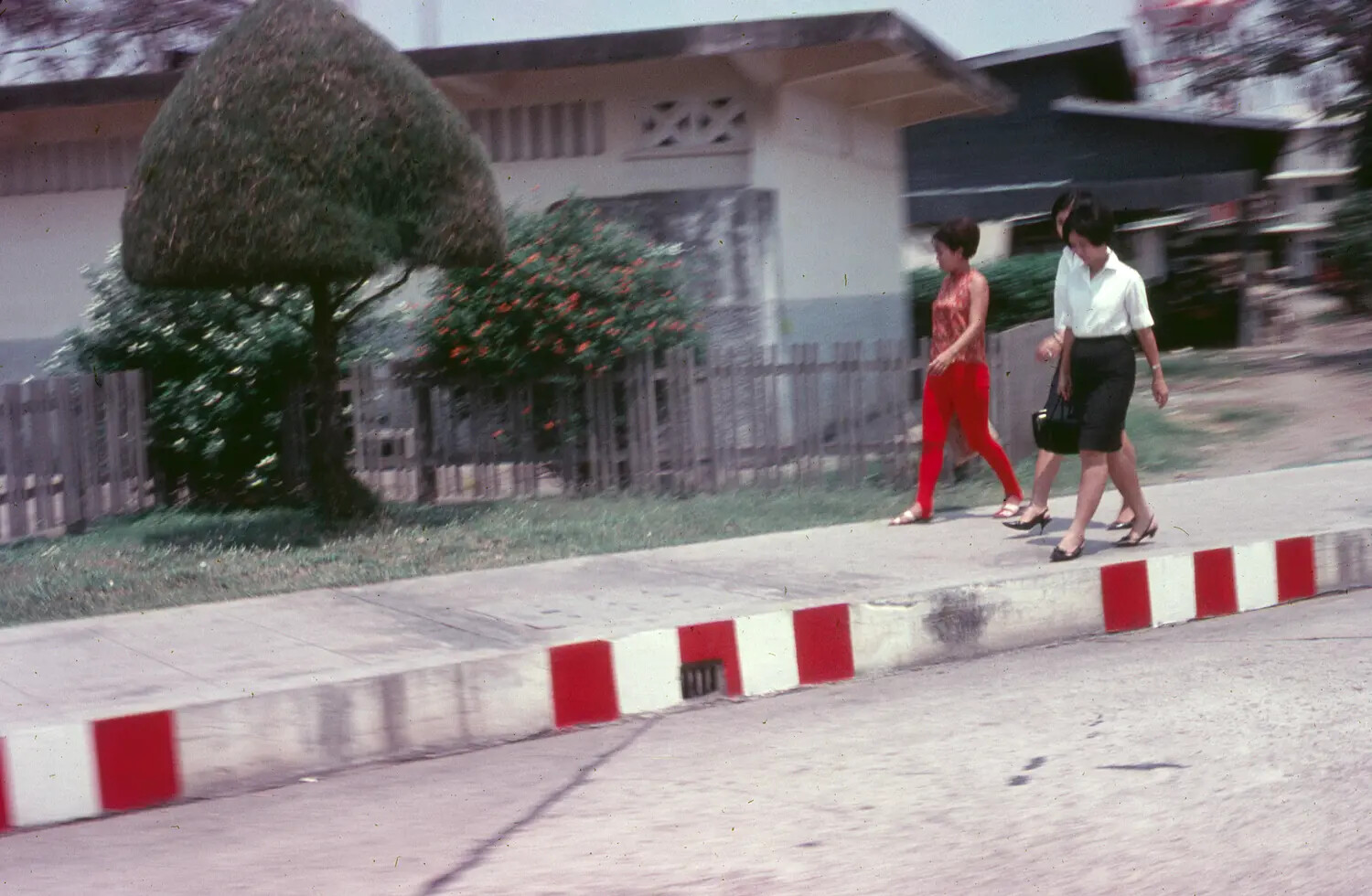 Vietnamese Women Walking Along Painted Curb, Vietnam 1965