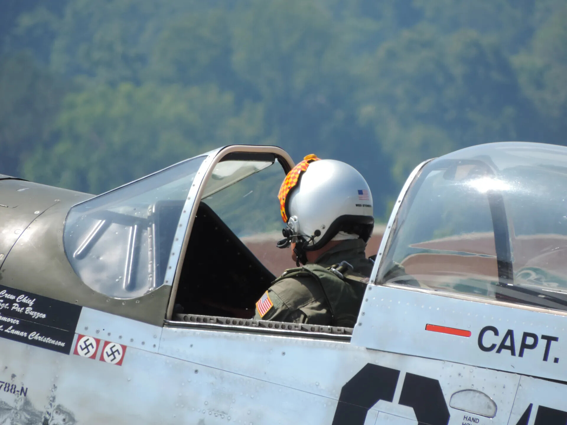 Pilot in Cockpit of Restored P-51 Mustang Fighter, Tennessee Air Museum Airshow, June 2014
