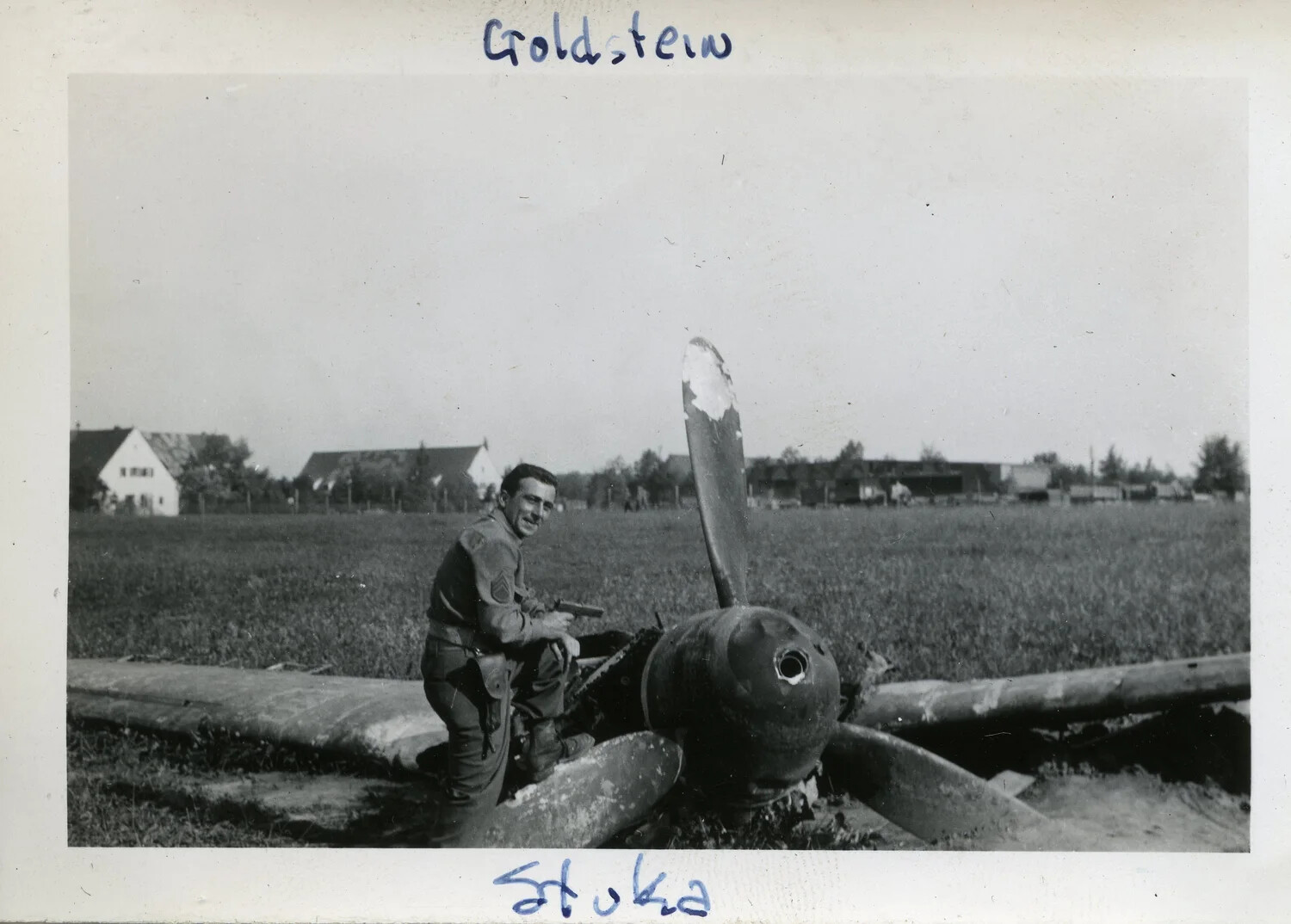 U.S. Army Staff Sergeant "Goldstein" with Wrecked German Ju 87 Stuka - 44th Infantry Division, Norman Baget Collection