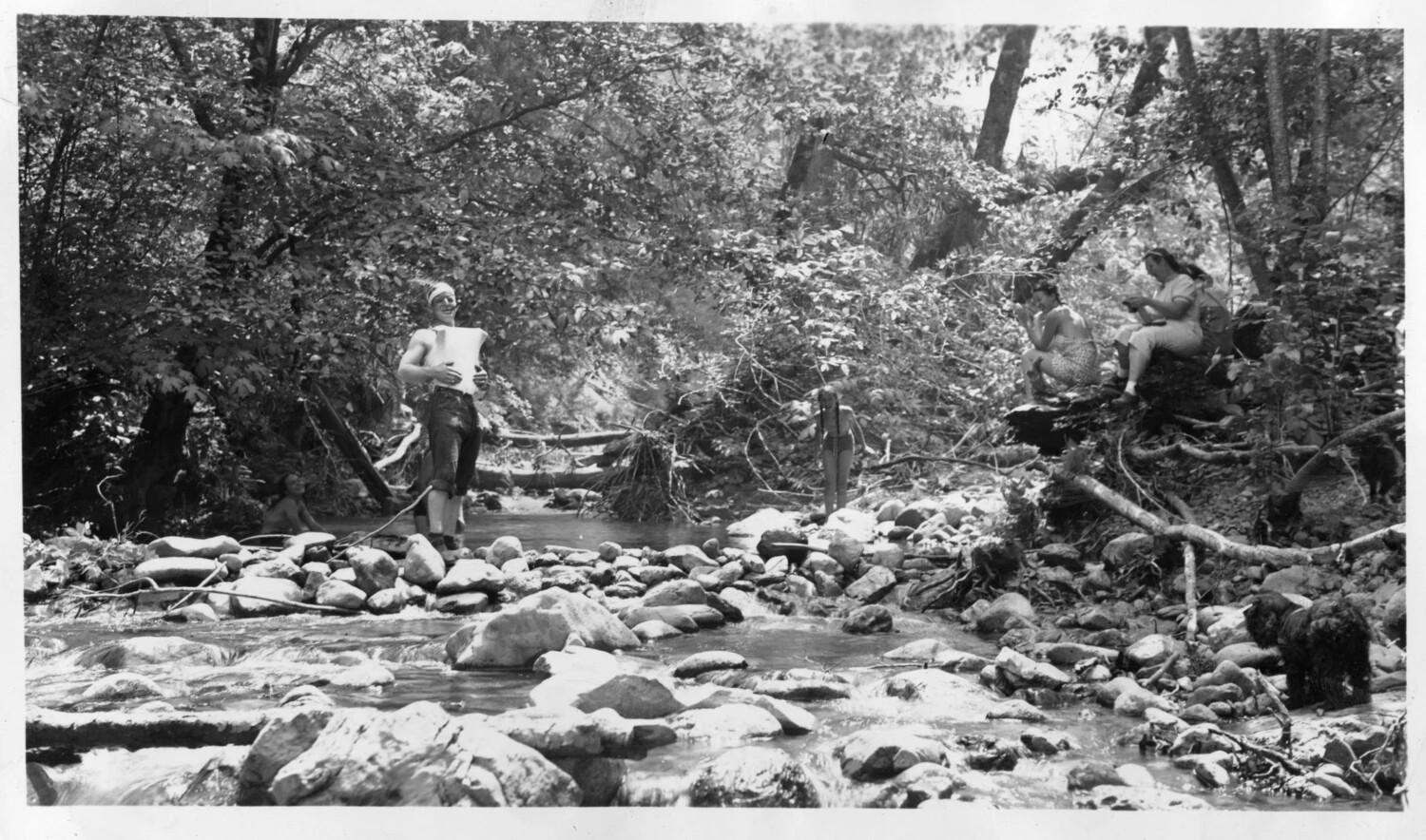 Group Swimming Outing at a Rocky Forest Creek, Presidio Album, c. 1920s-1930s