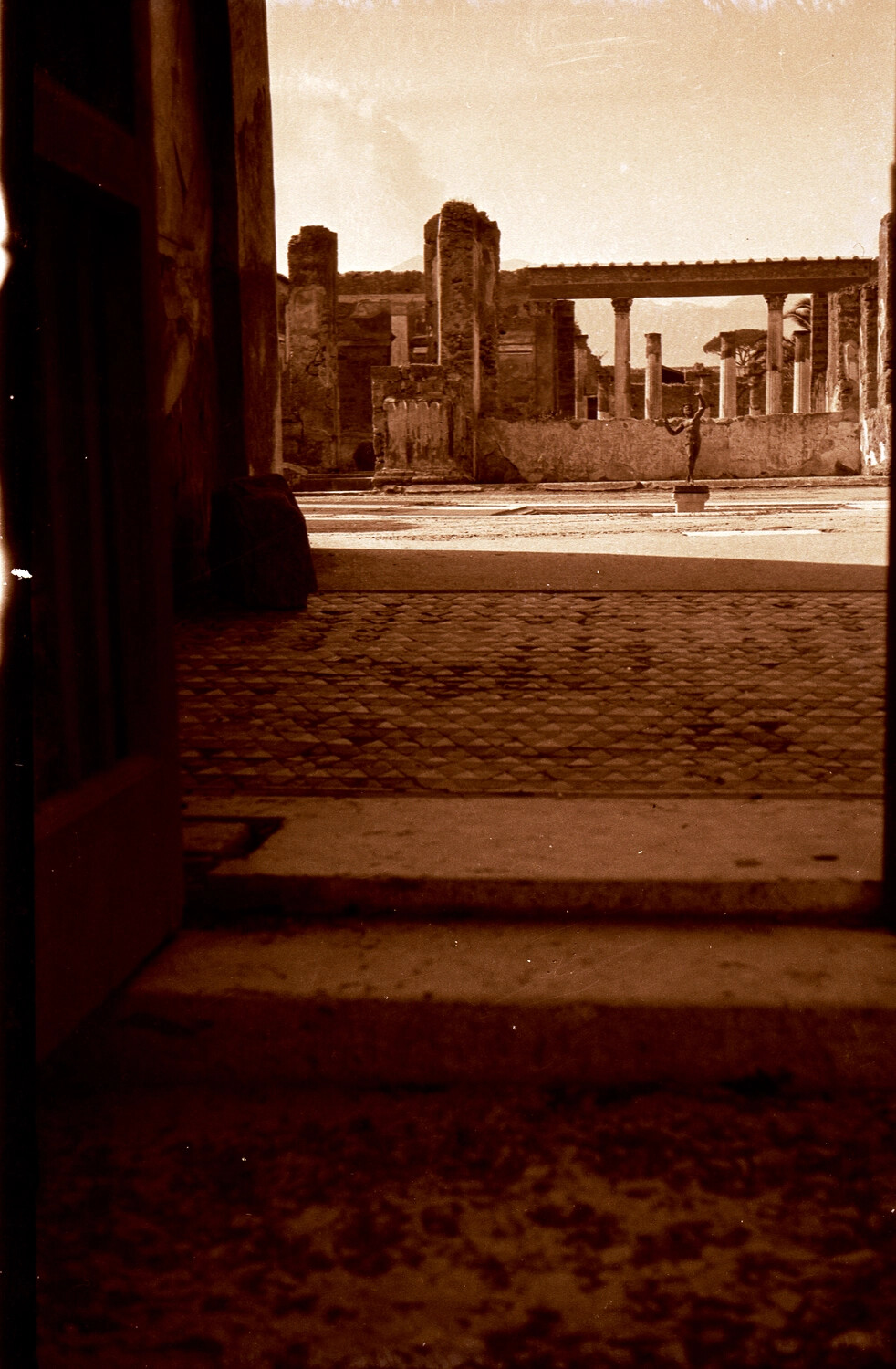 View of Pompeii Ruins Through Doorway, Featuring the Dancing Faun Statue, Casa del Fauno -- 1930s Navy Family Travel Album