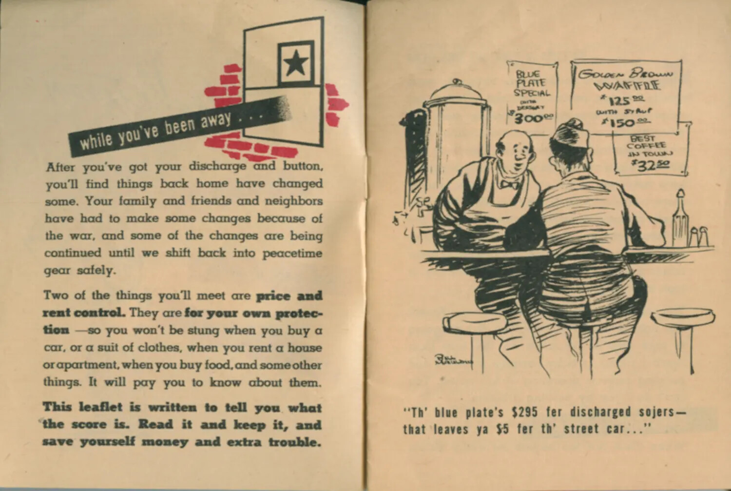 "While You've Been Away..." -- Price Control Explanation Spread with Diner Cartoon, WWII Veteran Guide Booklet