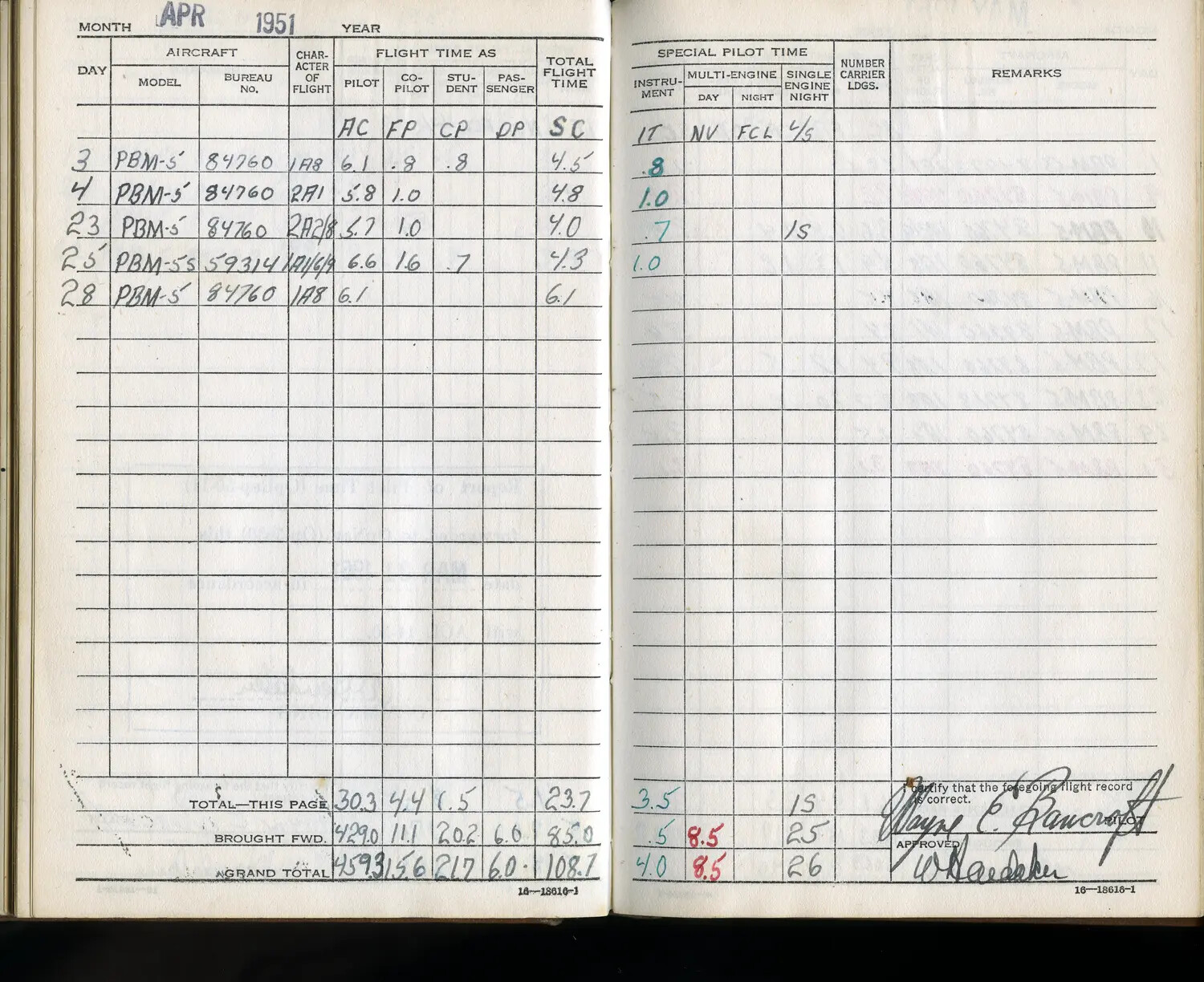 U.S. Navy Pilot Flight Logbook Pages, Lt. Wayne E. Bancroft, PBM-5/PBM-5S Mariner Flying Boat Squadron, April 1951