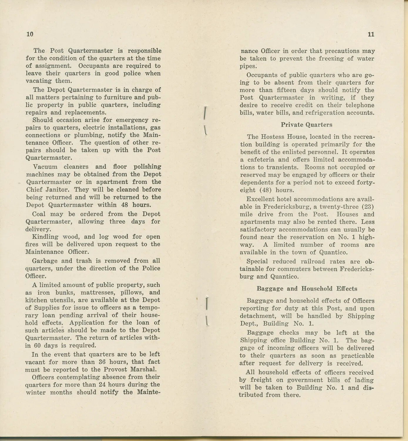 Printed Guide Pages 10-11, Marine Corps Base Quantico Officer Information Booklet (McAleer Album)