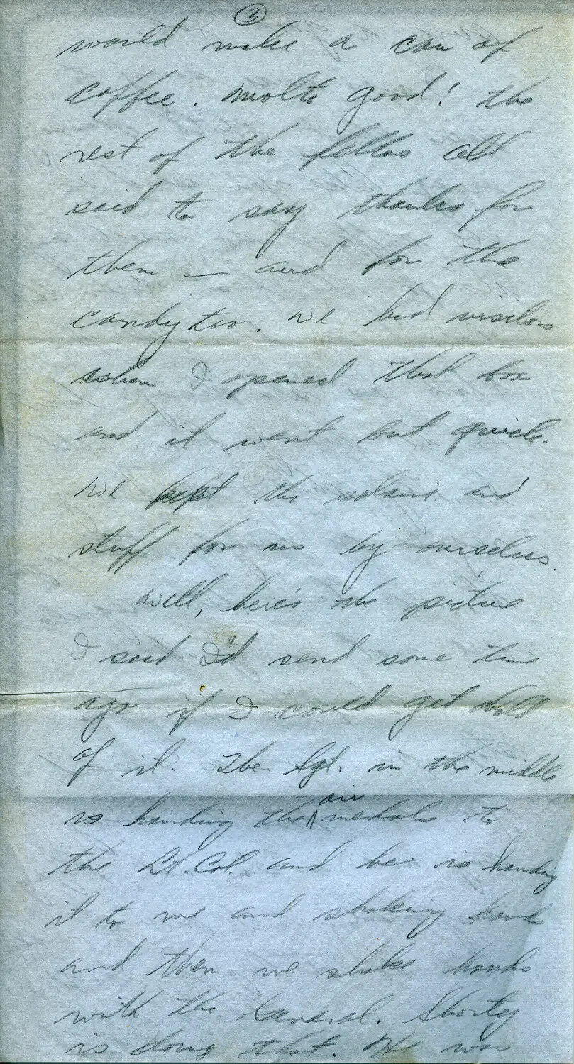Handwritten Letter, Page 3, Describing a Medal Ceremony — 1944 Margaroli B-24 Belly Gunner Collection