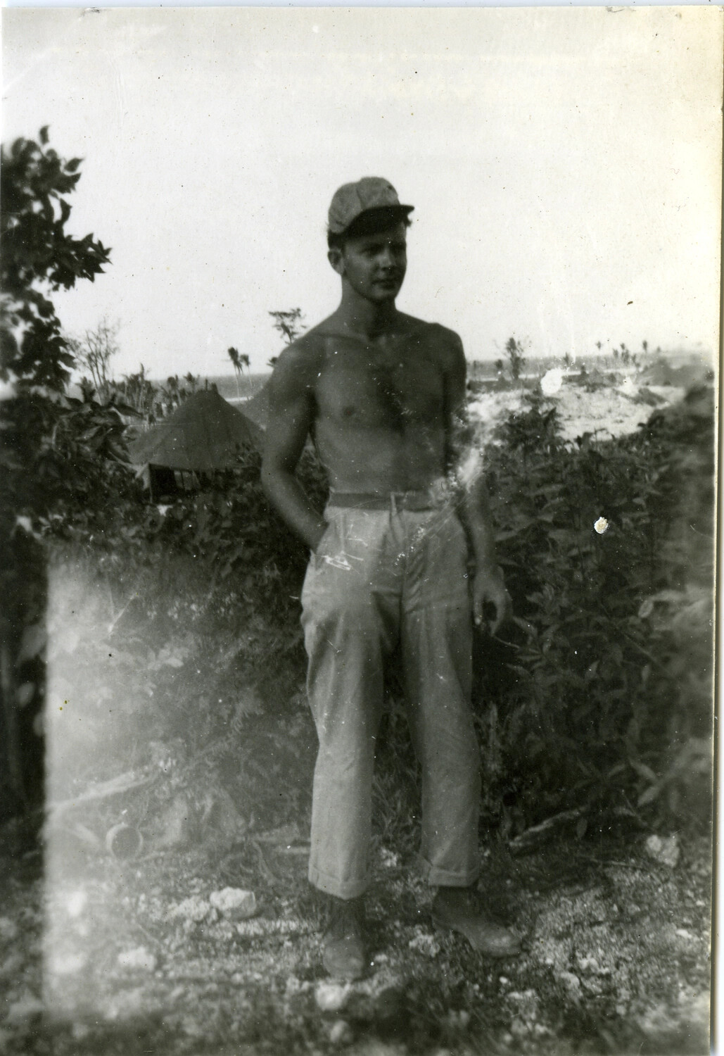 American Serviceman Posing on Okinawa, WWII Pacific Theater