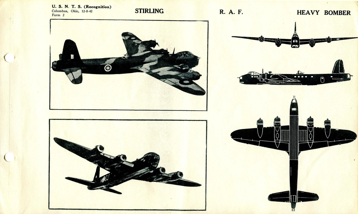 U.S. Navy Aircraft Recognition Training Page: Short Stirling, R.A.F. Heavy Bomber, 1942