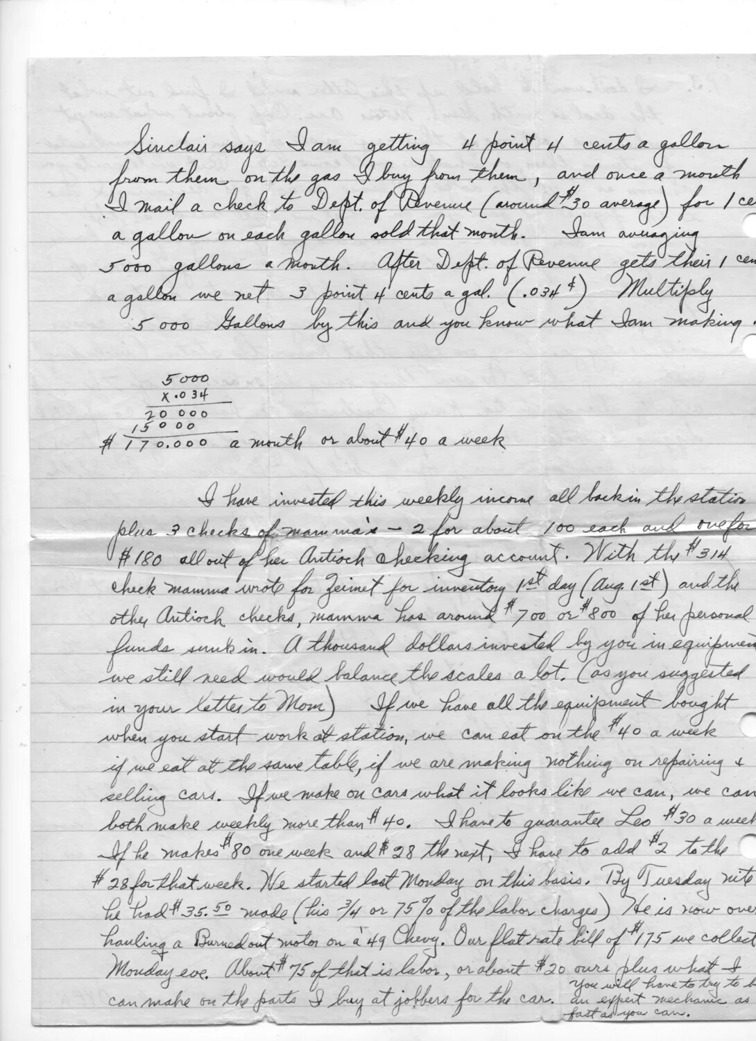 Handwritten Home-Front Letter Detailing Sinclair Service Station Finances, Korean War Era (c. 1951-1953)