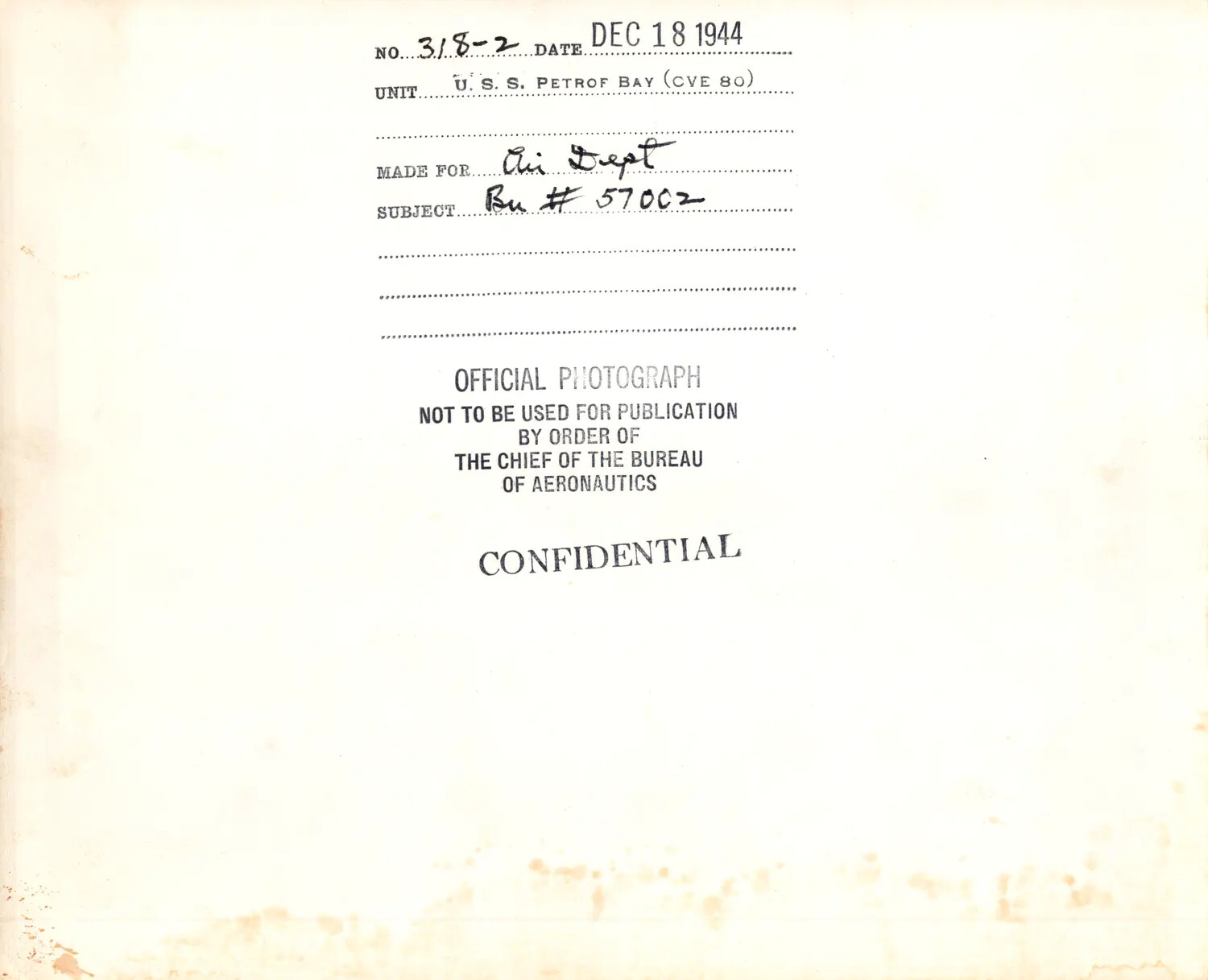 Caption Card, U.S.S. Petrof Bay (CVE-80), 18 December 1944 - Aircraft Bu. No. 57002