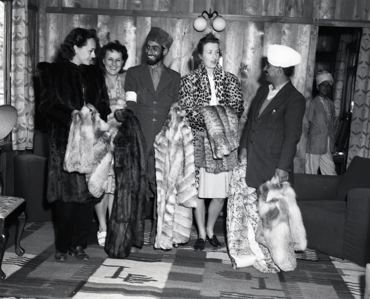 Western Visitors and Kashmiri Merchants Displaying Fur Coats, Kashmir, WWII China-Burma-India Theater Era