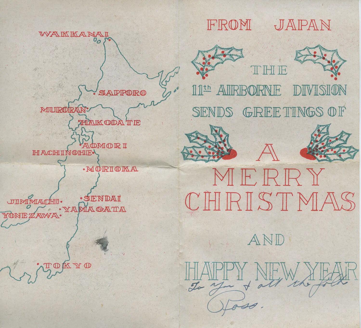 11th Airborne Division Christmas Greeting Card from Occupied Japan, Signed 'Ross,' WWII Letters Collection