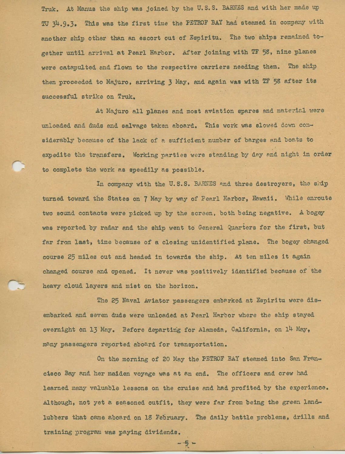 USS Petrof Bay (CVE-80) Ship's History/War Diary - Page 5, Maiden Voyage Narrative