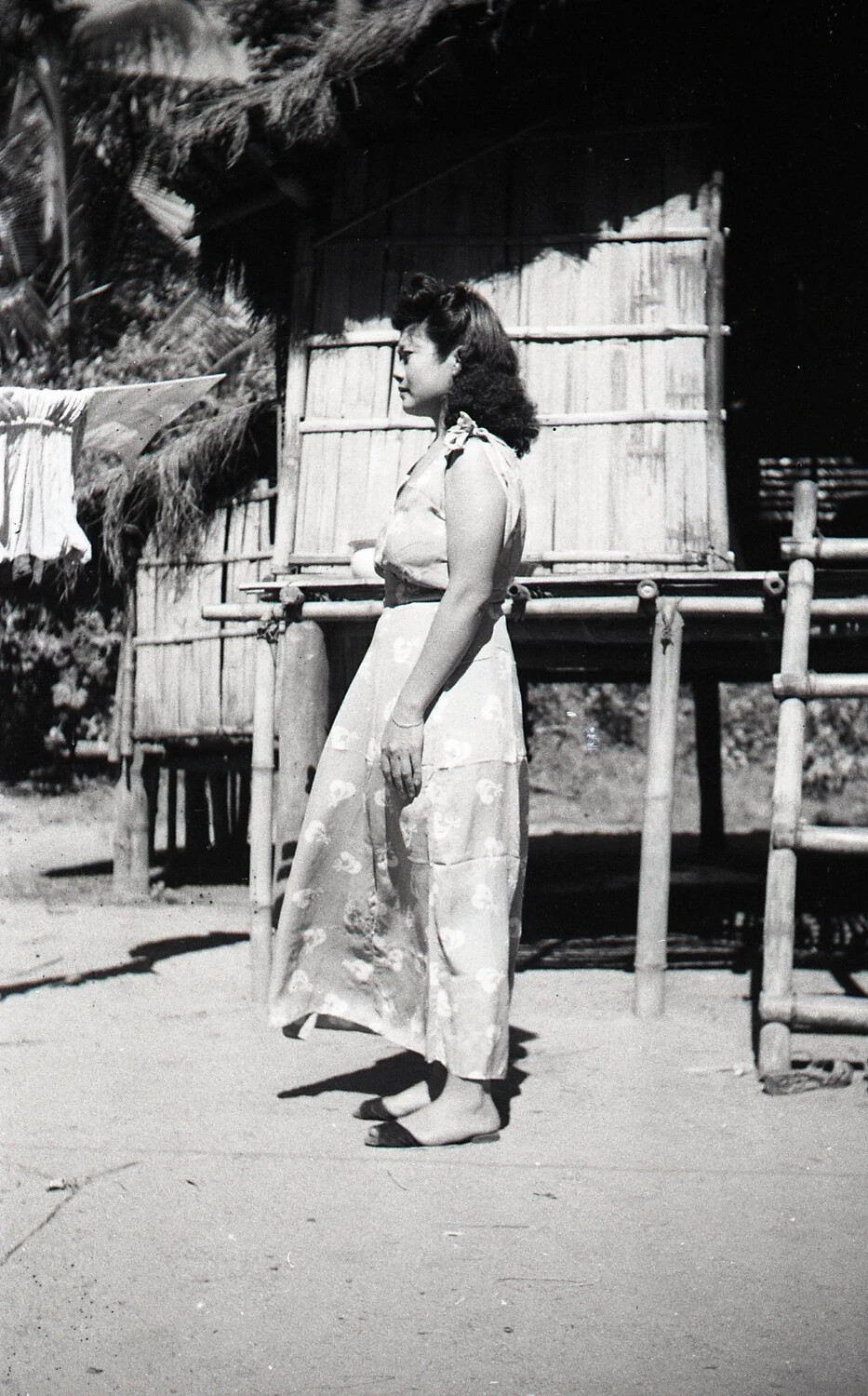 Profile Portrait of Young Filipino Woman in Floral Dress, Luzon, Philippines, WWII Era