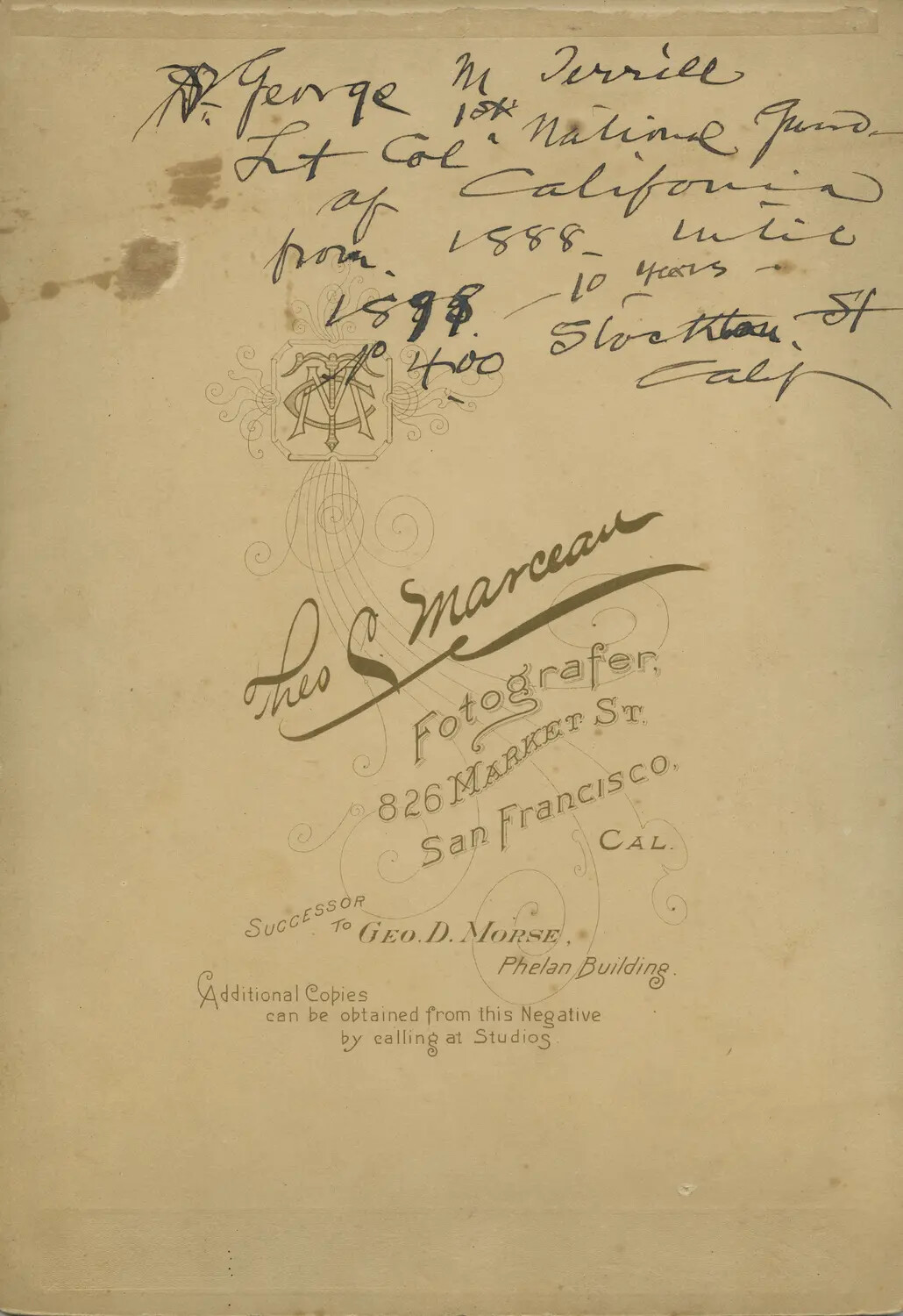 Reverse of Cabinet Card with Theo. C. Marceau Studio Backmark and Handwritten Identification of Lt. Col. George M. Terrill, National Guard of California
