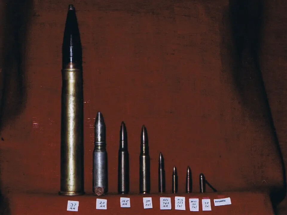 Ammunition Caliber Comparison Display: 37mm to .38 Caliber Rounds