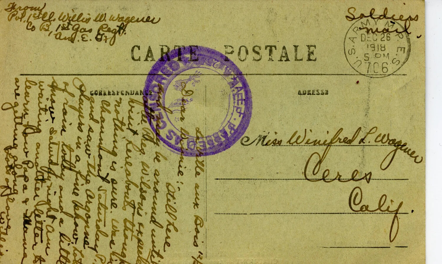 WWI Soldier's Postcard from Pvt. Willis W. Wagener, 1st Gas Regiment AEF, December 26, 1918