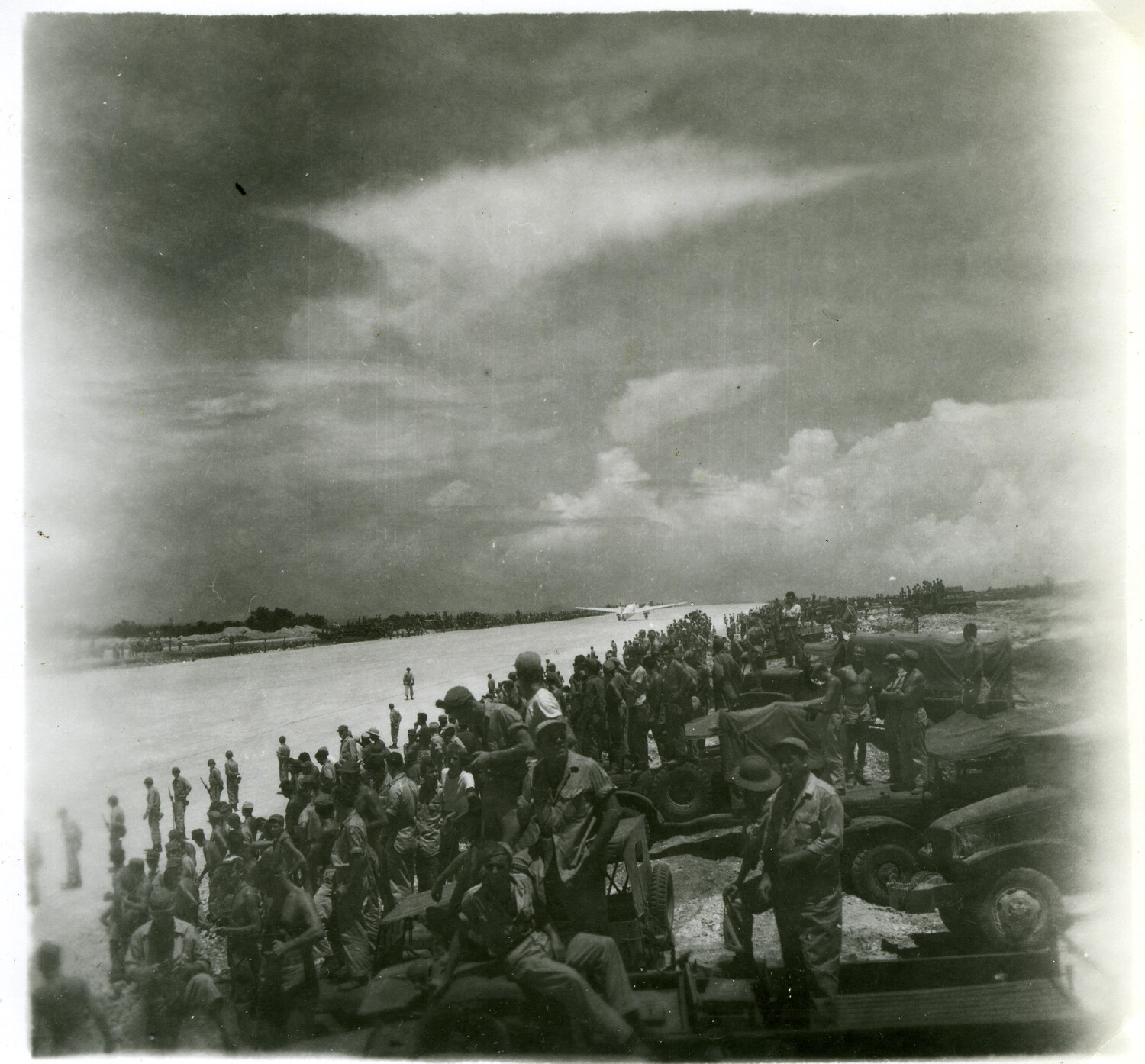 Allied Troops Lining Airfield to Witness Japanese Surrender Delegation Aircraft, Ie Shima, Okinawa, August 1945