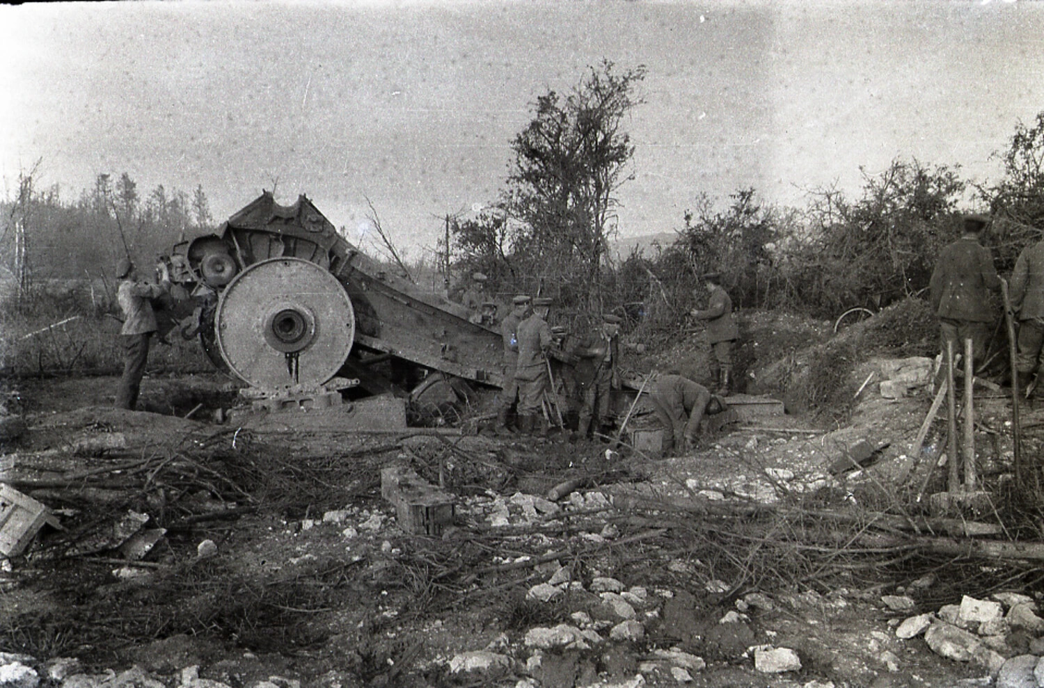 German Heavy Artillery Piece Being Emplaced by Gun Crew, WWI