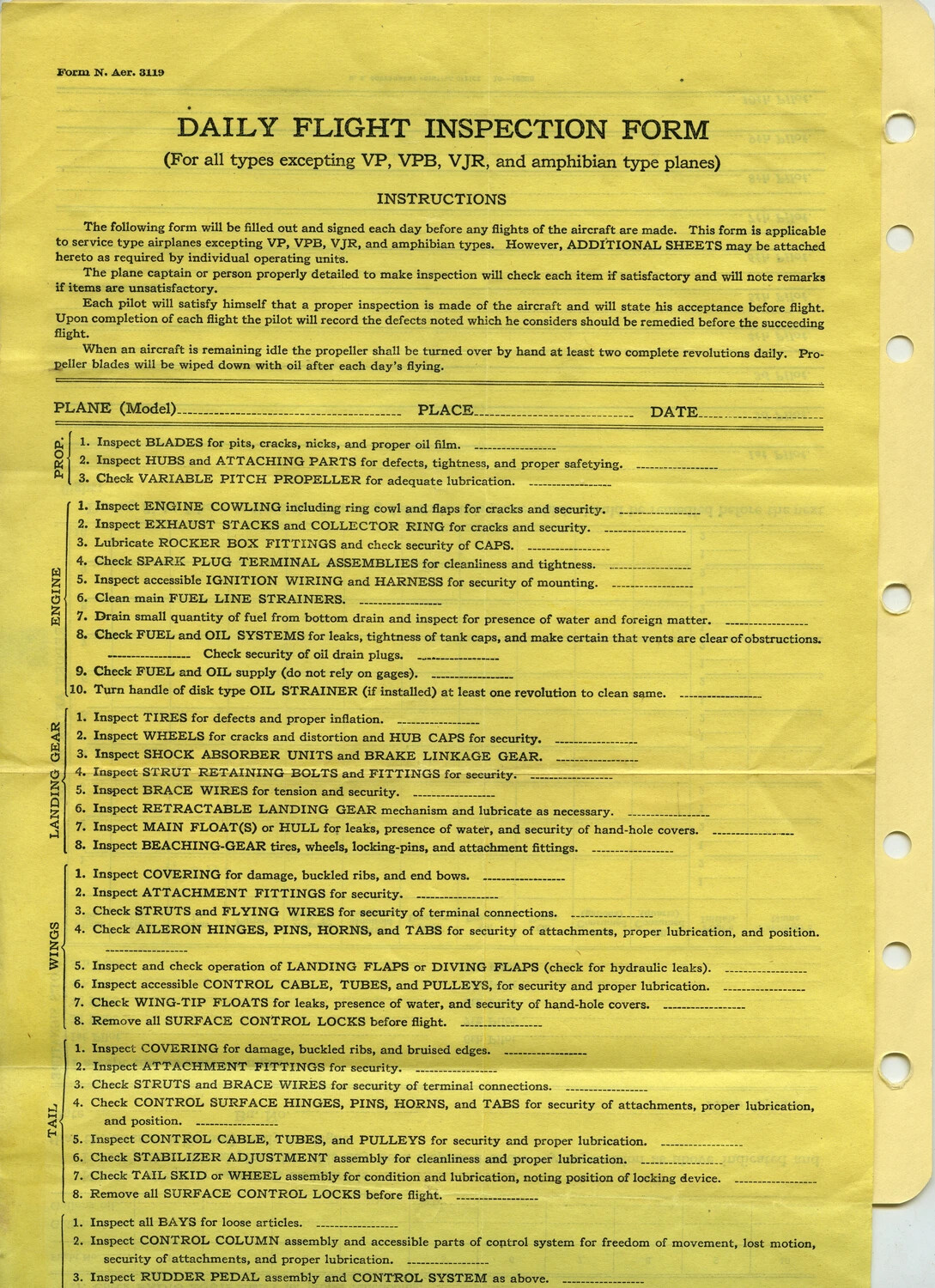 U.S. Navy Daily Flight Inspection Form (Form N. Aer. 3119), Blank Maintenance Checklist