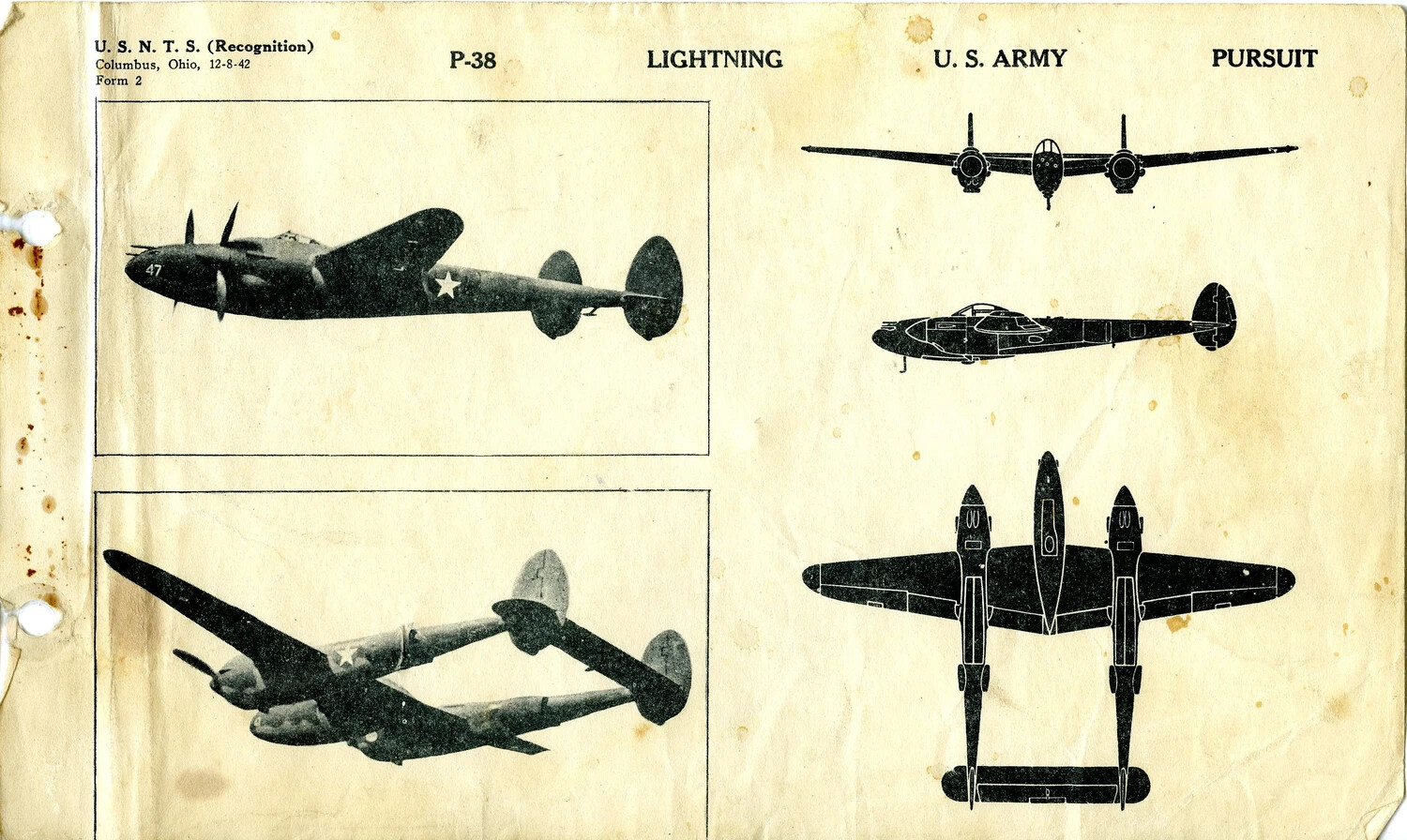USNTS Aircraft Recognition Manual Page: Lockheed P-38 Lightning, U.S. Army Pursuit Aircraft (1942)