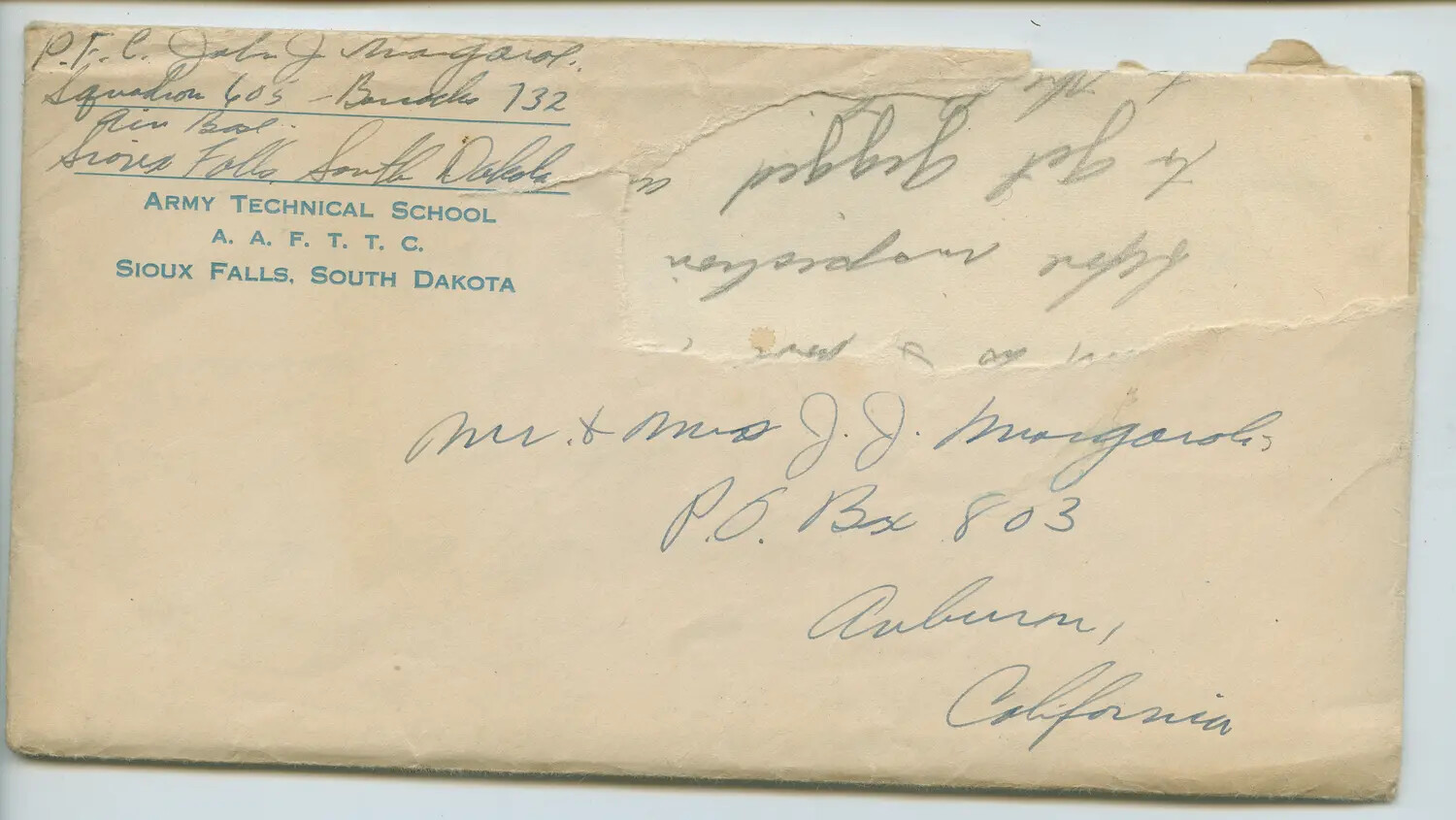 WWII Envelope from Army Technical School, Sioux Falls, South Dakota, Addressed to the Margaroli Family, Auburn, California