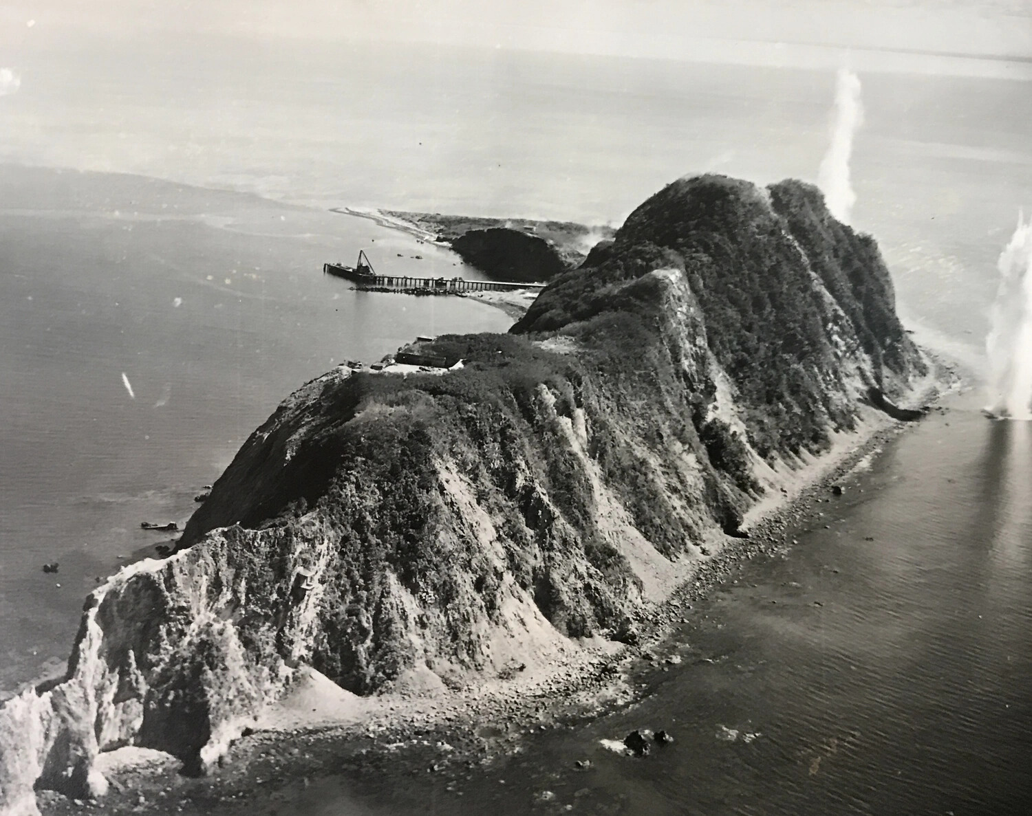 Aerial Photograph of Fortified Island Ridge Under Bombardment, Possibly Corregidor's Tail, Pacific Theater